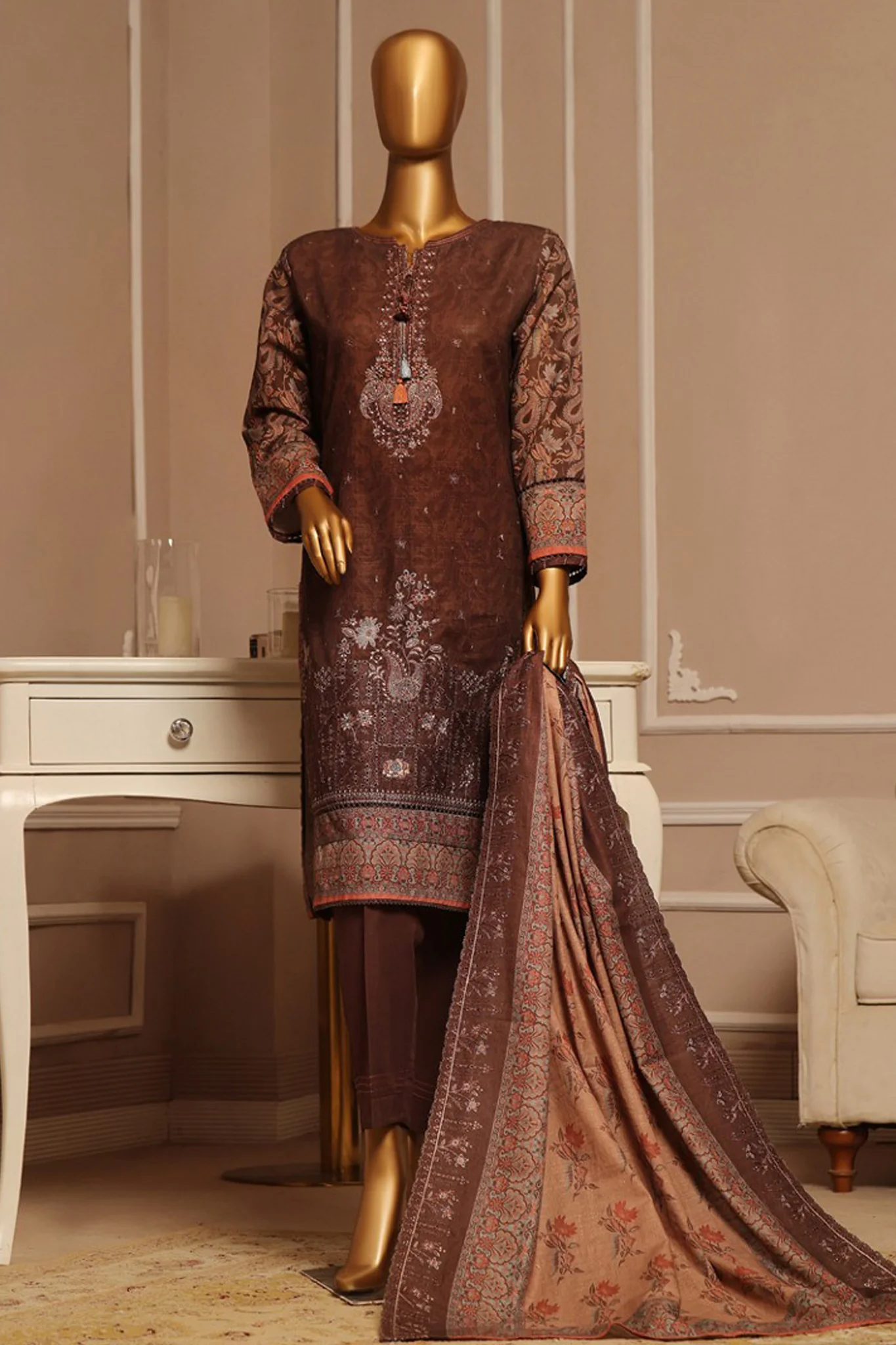 HZ Stitched 3 Piece Emb Khaddar Vol-01 Suit-KE-910