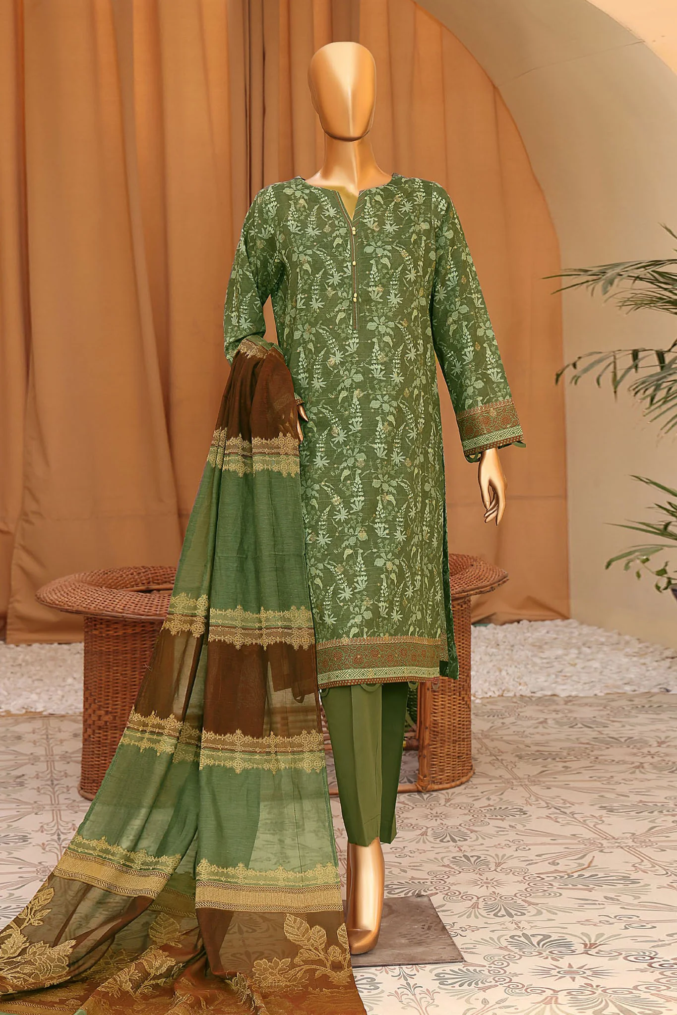 Hz Turkish Jacquard Unstitched 3 Piece Shawl Dyed Yarn Suit-TJS-1148