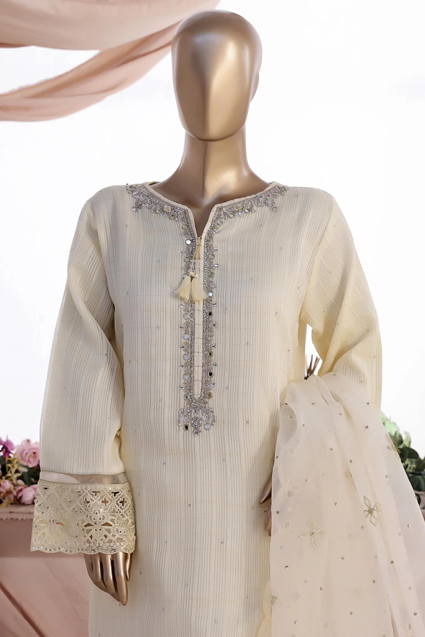 HZ Stitched 3 Piece Luxe Pret Formals Suit-HZK-221-Cream - Image 2