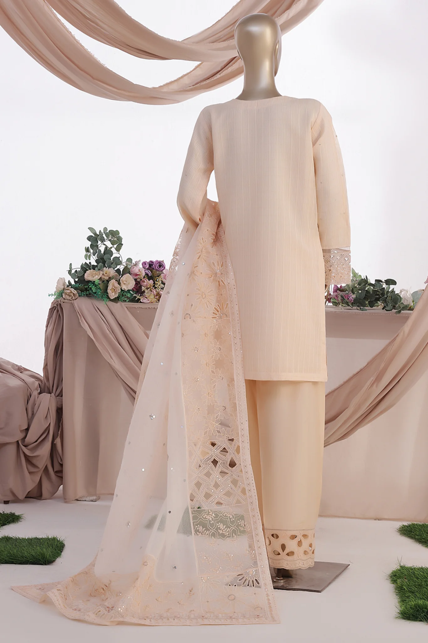 HZ Stitched 3 Piece Luxe Pret Formals Suit-HZK-222-Peach - Image 3