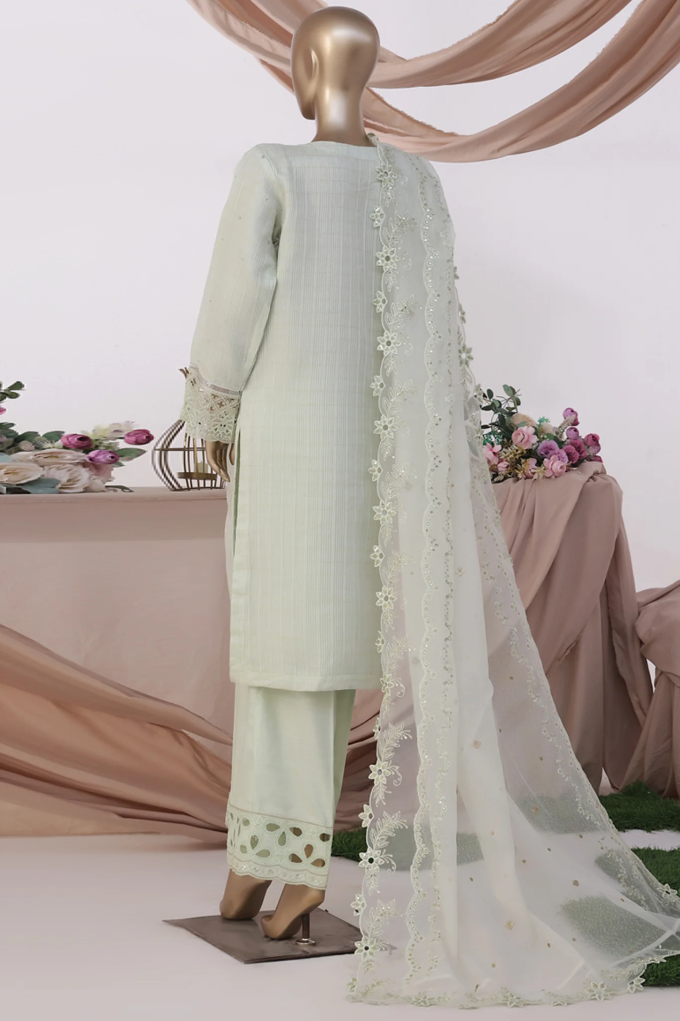 HZ Stitched 3 Piece Luxe Pret Formals Suit-HZK-223-Dull Green - Image 3