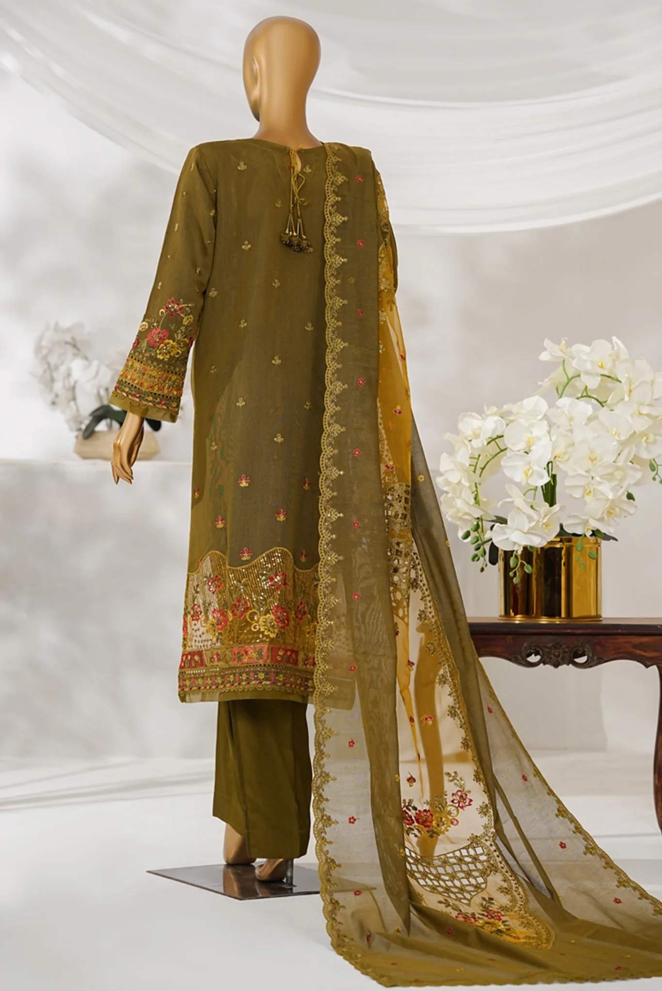 Sheer By HZ Stitched 3 Piece Emb Khaddi Net Formals Suit-HZK-227-Mehndi - Image 2