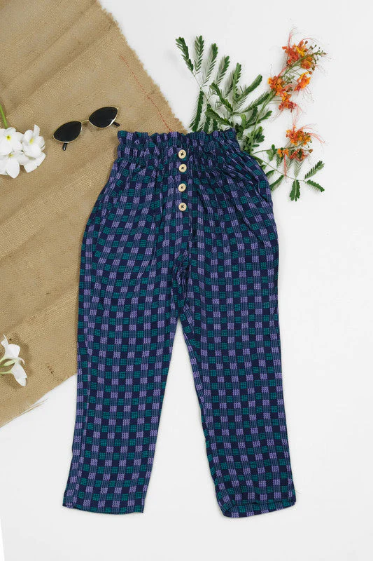 Sprinkles Stitched 1 Piece Summer Bottoms Women Suit-Indigo Gingham Straight Pant Front Button