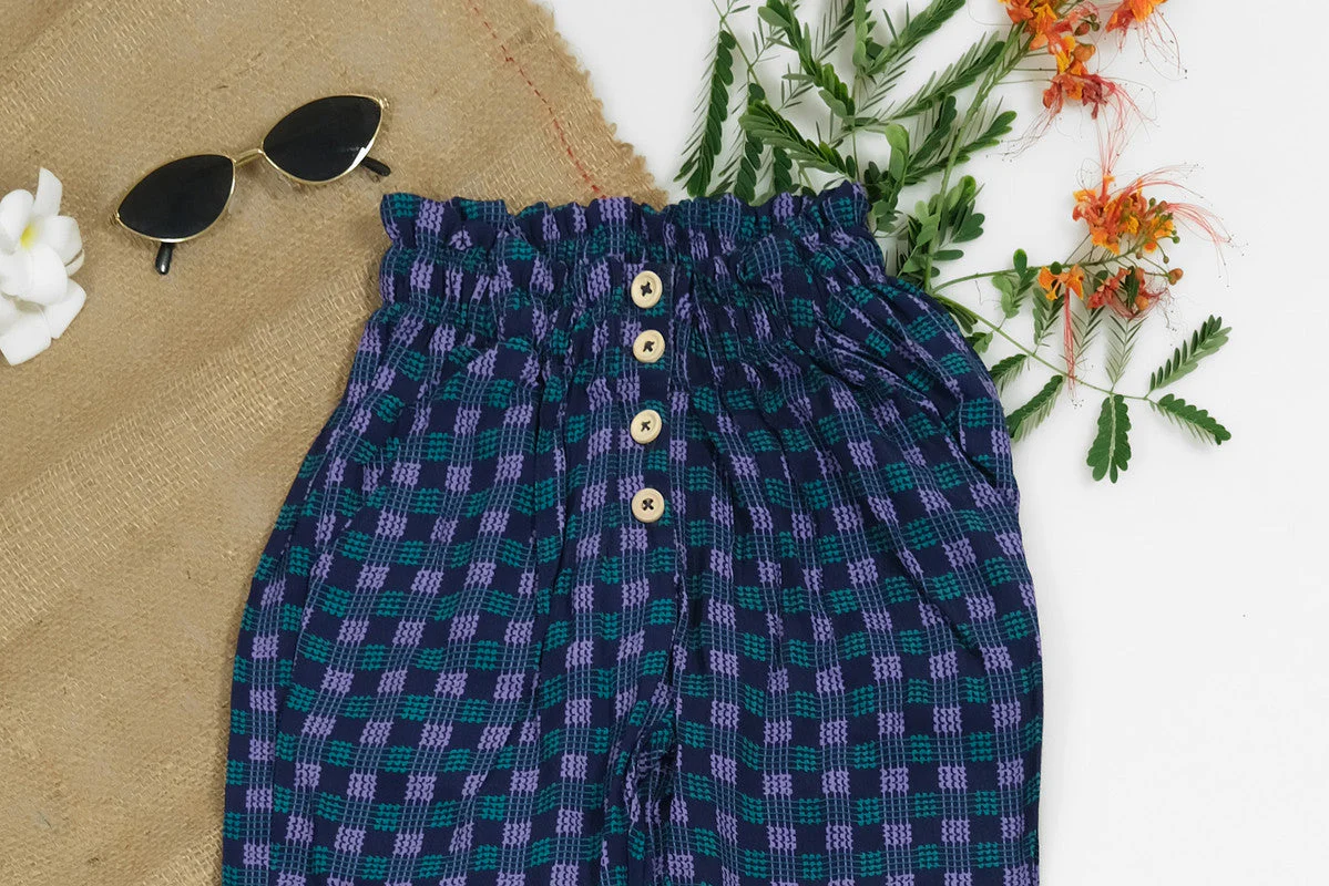 Sprinkles Stitched 1 Piece Summer Bottoms Women Suit-Indigo Gingham Straight Pant Front Button - Image 3