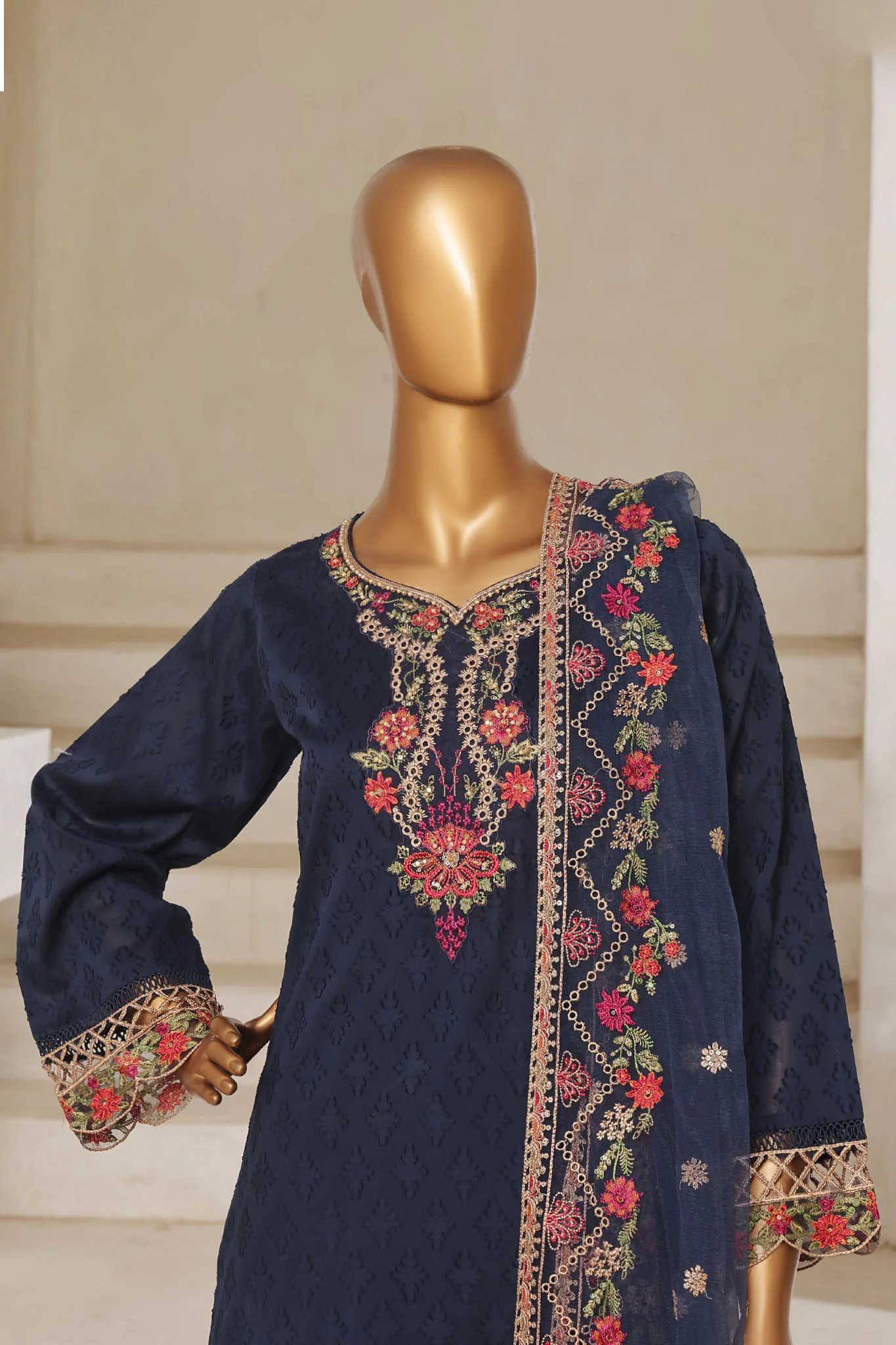 Sada Bahar Stitched 3 Piece Luxury Jacquard Suit-JC-04-Navy Blue - Image 2