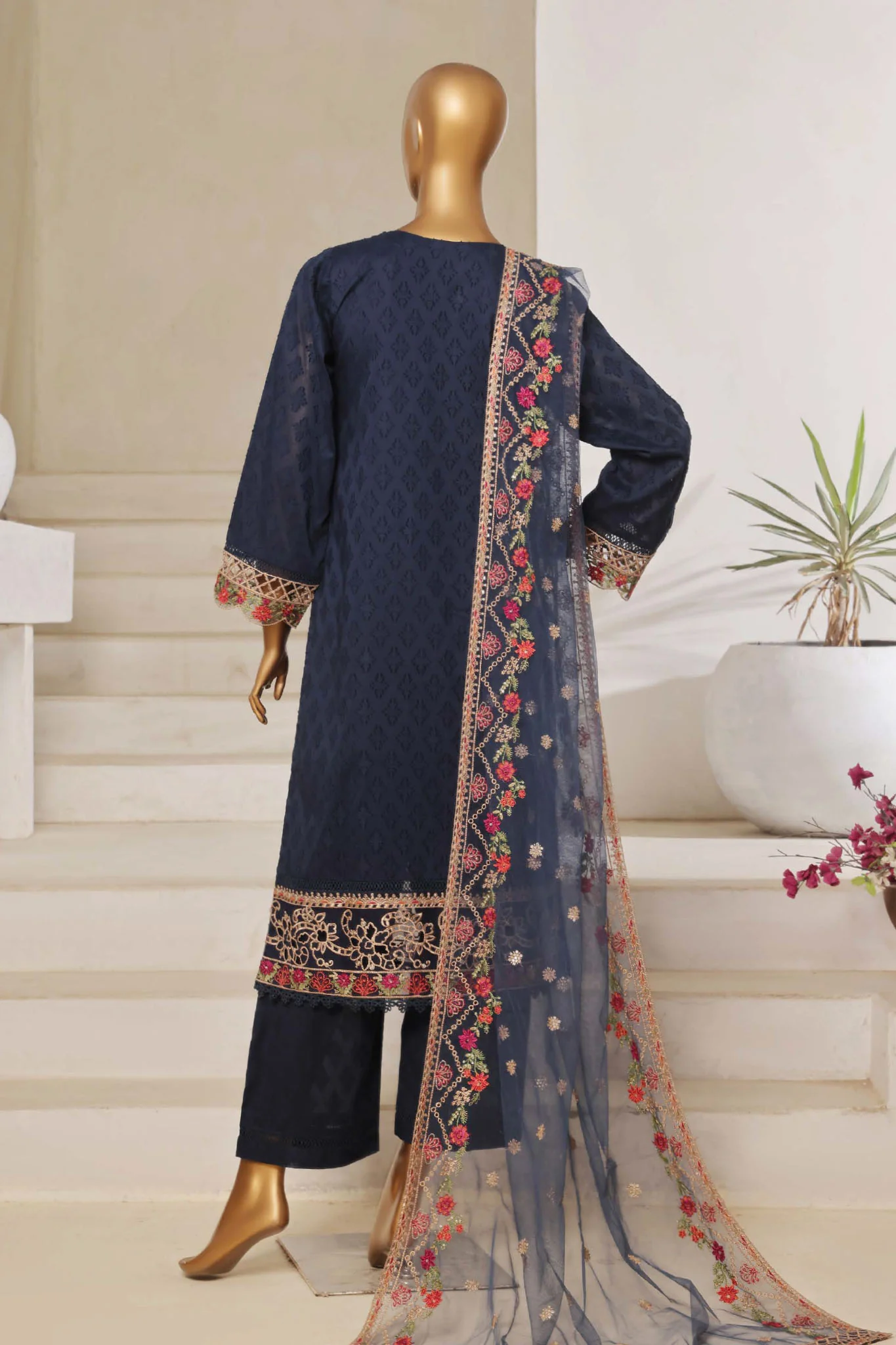 Sada Bahar Stitched 3 Piece Luxury Jacquard Suit-JC-04-Navy Blue - Image 3