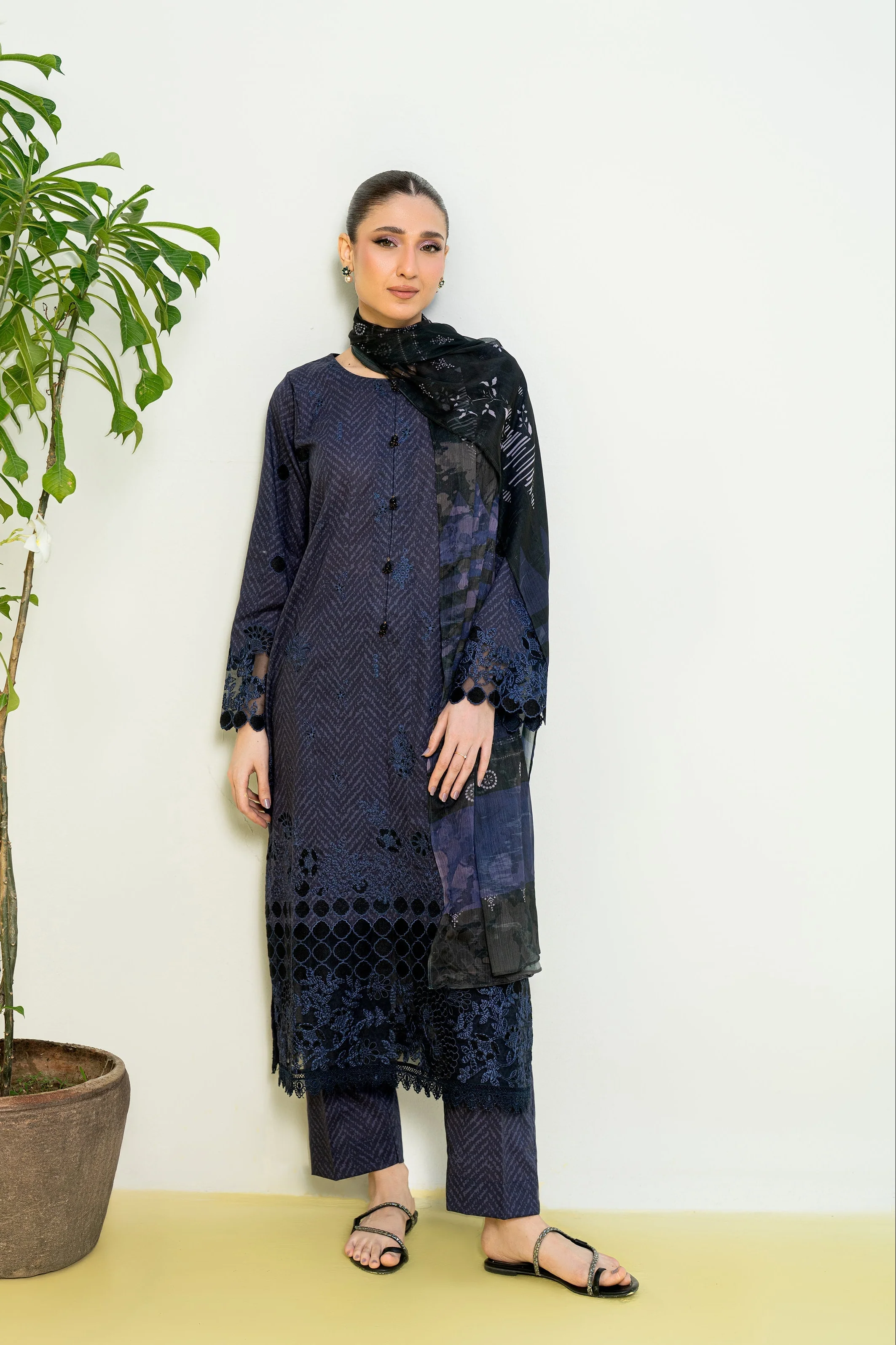 Falling Pretty By Kaanthaa Stitched 3 Piece Summer Suit-Ink Blink