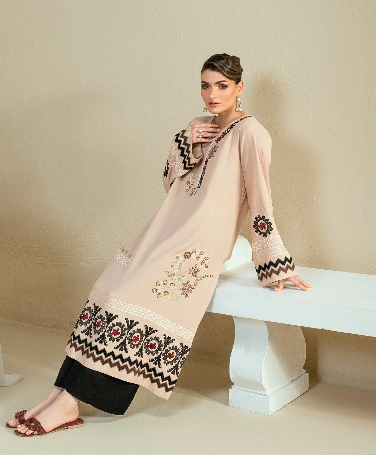 The Thread Line By Kaanthaa Stitched 2 Piece Summer Suit-KEP-01 BEIGE-CROSSHATCH COTTON VISCOSE STITCHED 2PC - Image 5