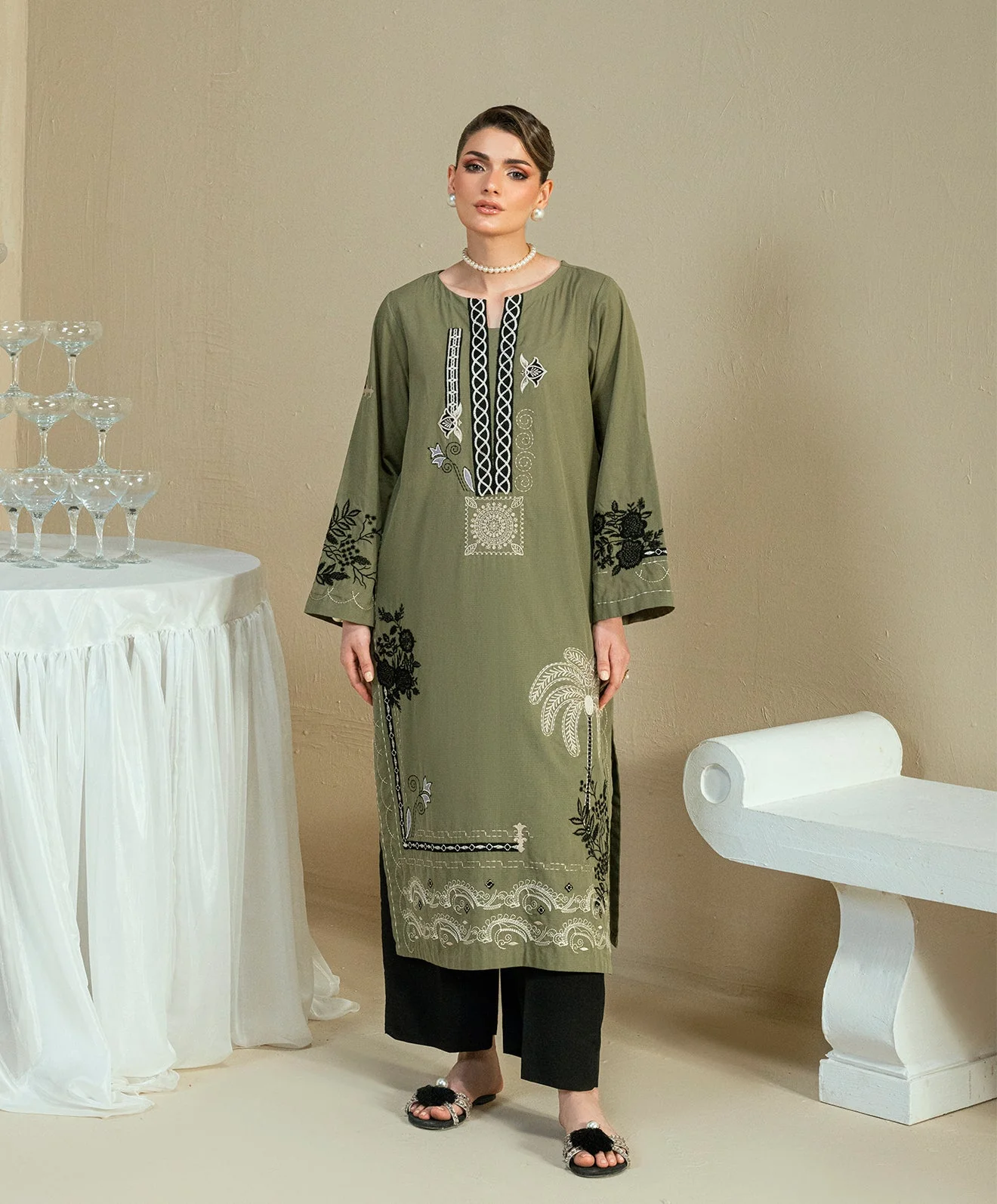 The Thread Line By Kaanthaa Stitched 2 Piece Summer Suit-KEP-03 OLIVE-COTTON DOBBY STITCHED 2PC