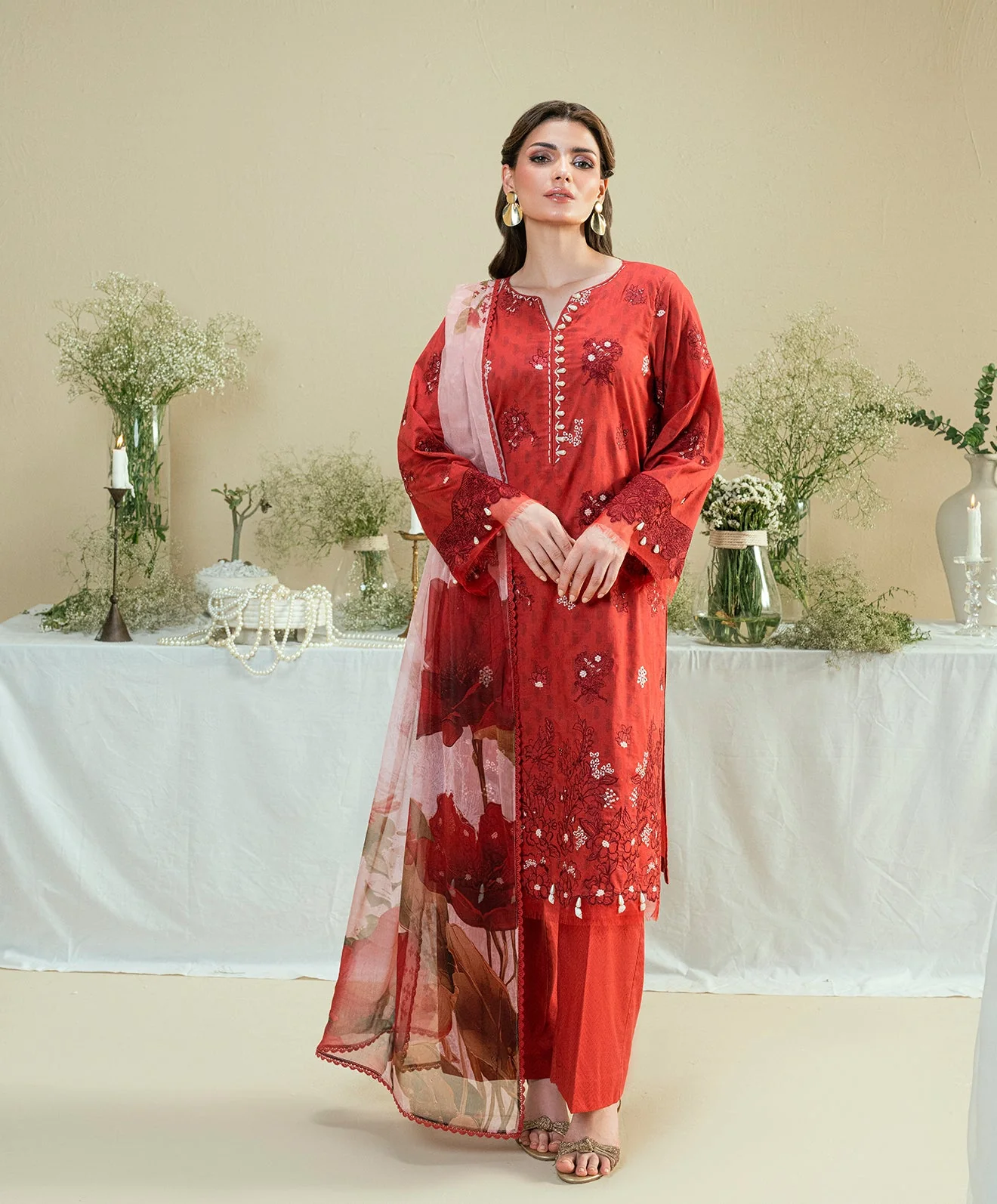 Luxe Edit By Kaanthaa Unstitched 3 Piece Summer Suit-KUNEP-3P-001 RED-LAWN UNSTITCHED 3PC - Image 10