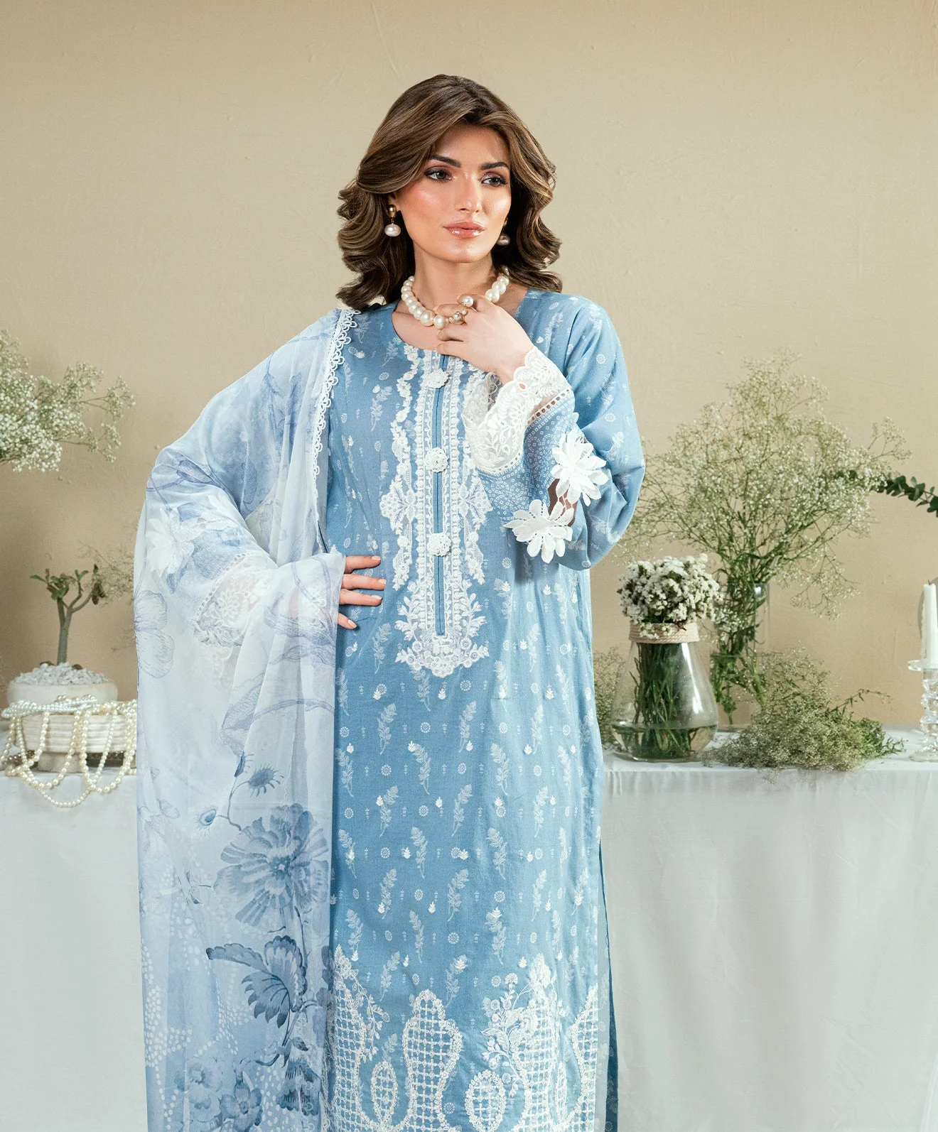 Luxe Edit By Kaanthaa Unstitched 3 Piece Summer Suit-KUNEP-3P-003 SKY BLUE-LAWN UNSTITCHED 3PC - Image 2
