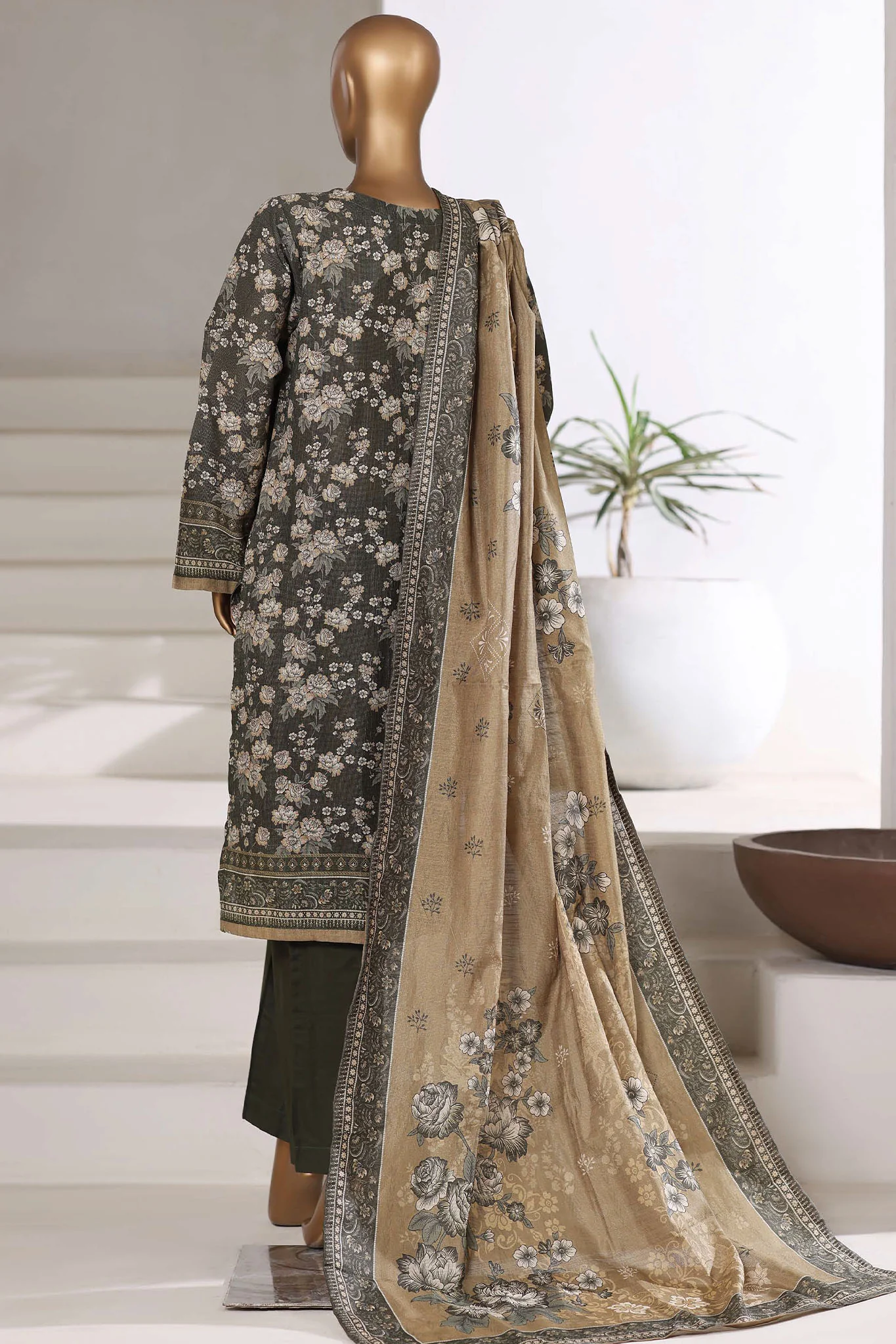 Sada Bahar Stitched 3 Piece Khaddar With Shimmer Suit-KD-PR-7534-Kai Green - Image 3