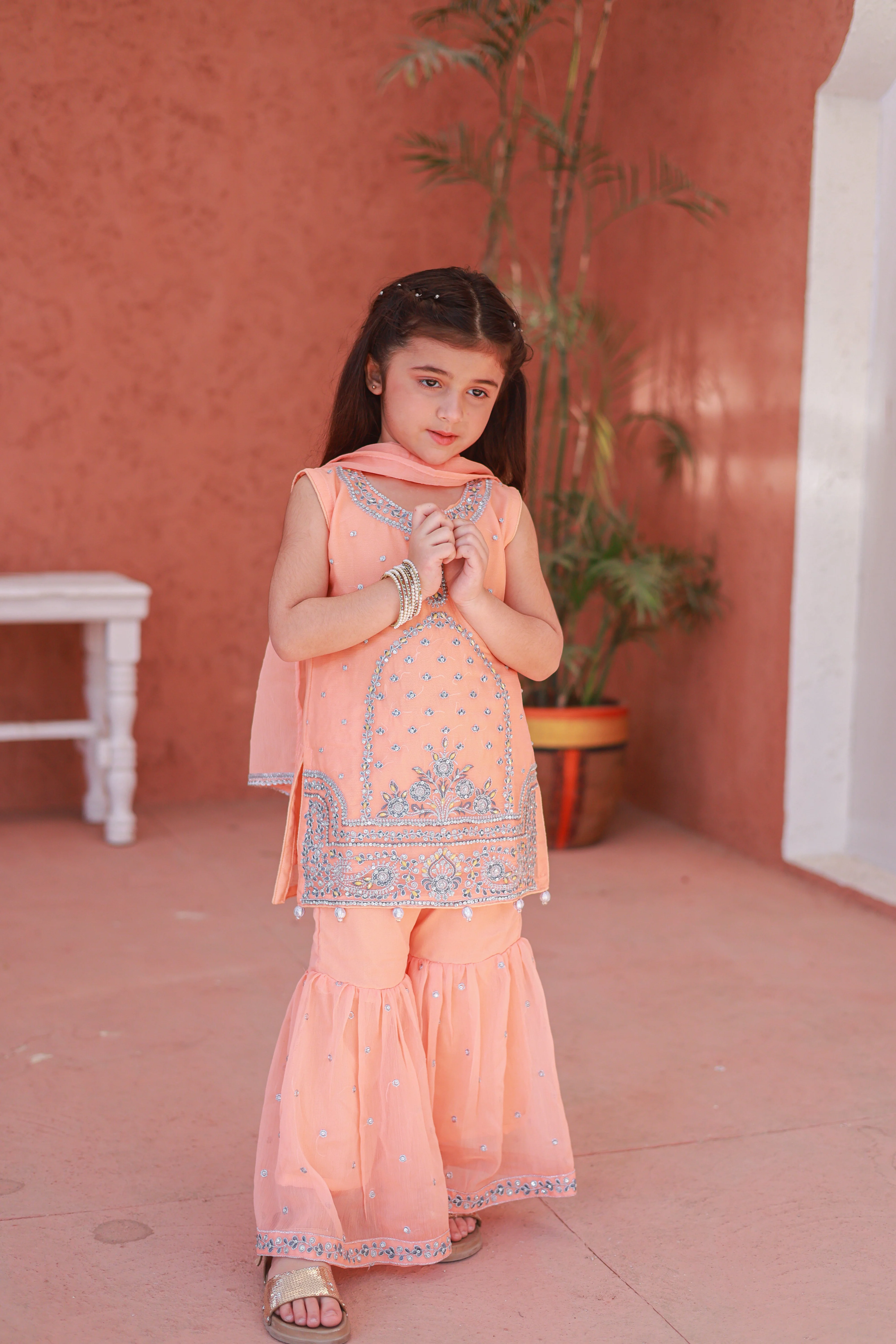Khanak Stitched Kids-Apricot Gharara-KG 012 - Image 12