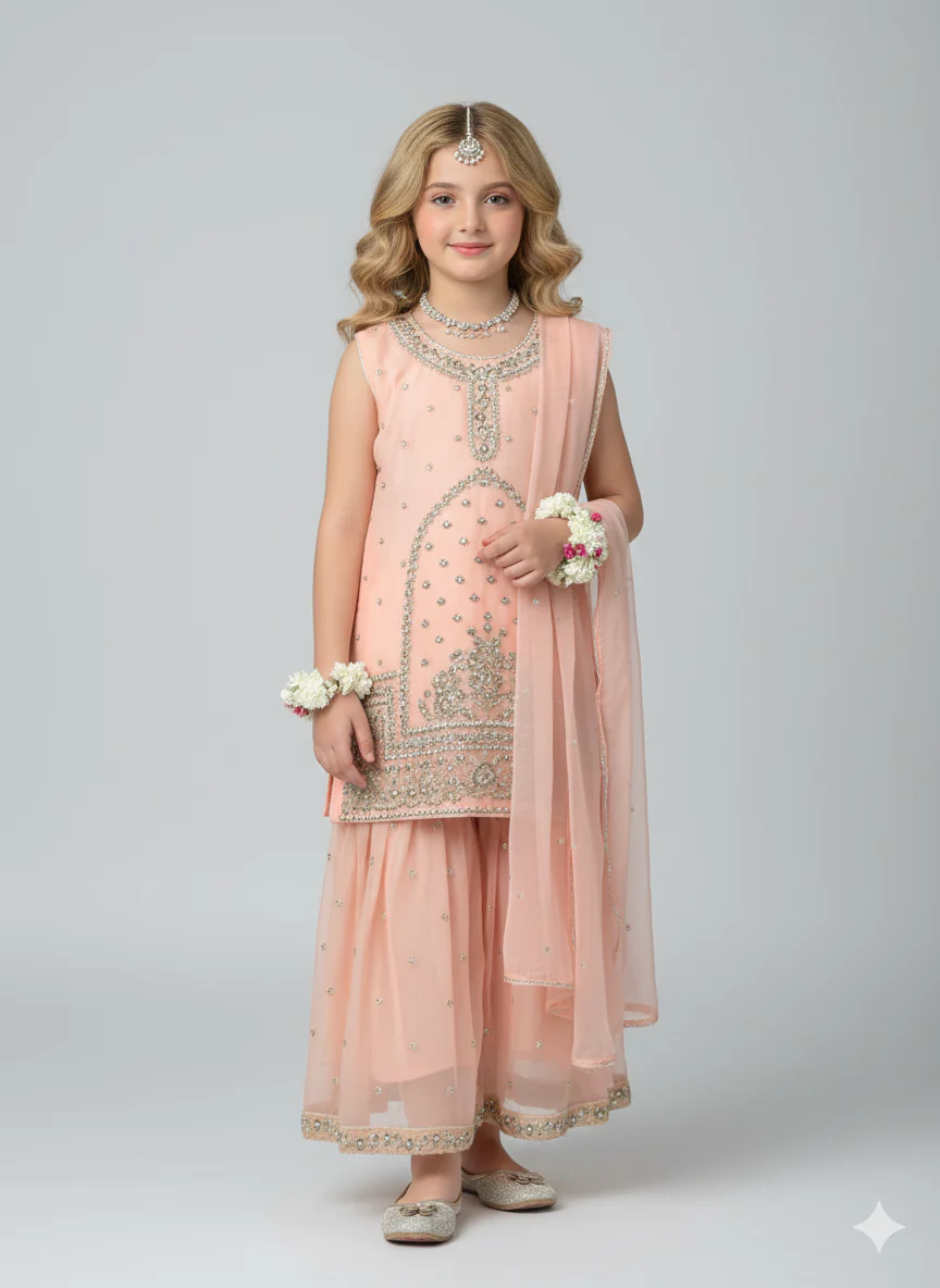 Khanak Stitched Kids-Apricot Gharara-KG 012 - Image 9
