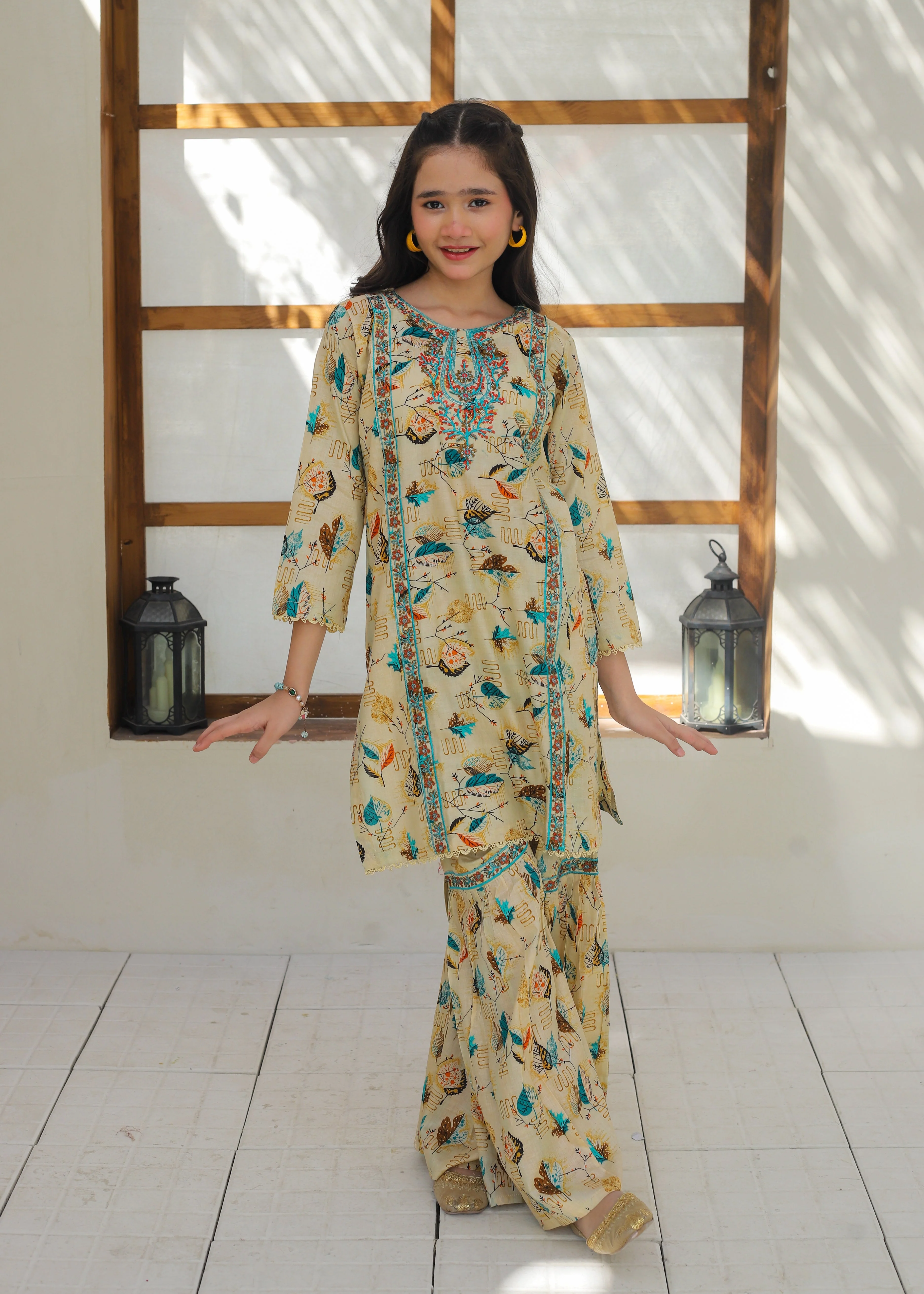 Khanak Stitched Kids-Beige Embroidered Gharara KST 148 - Image 4