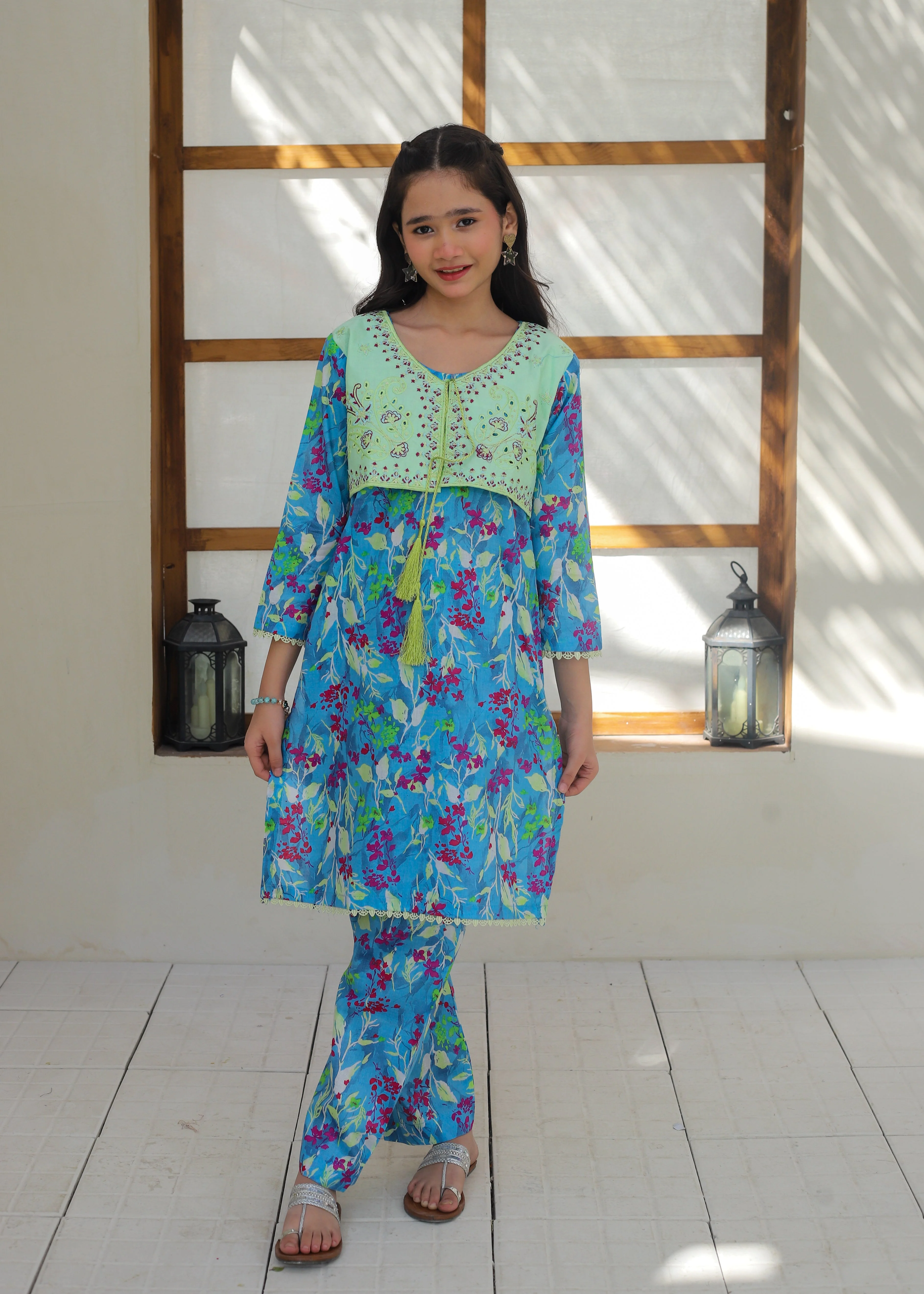 Khanak Stitched Kids-Blue Lagon & Mint Green Koti Style 2Pcs Suit KST 137 - Image 4