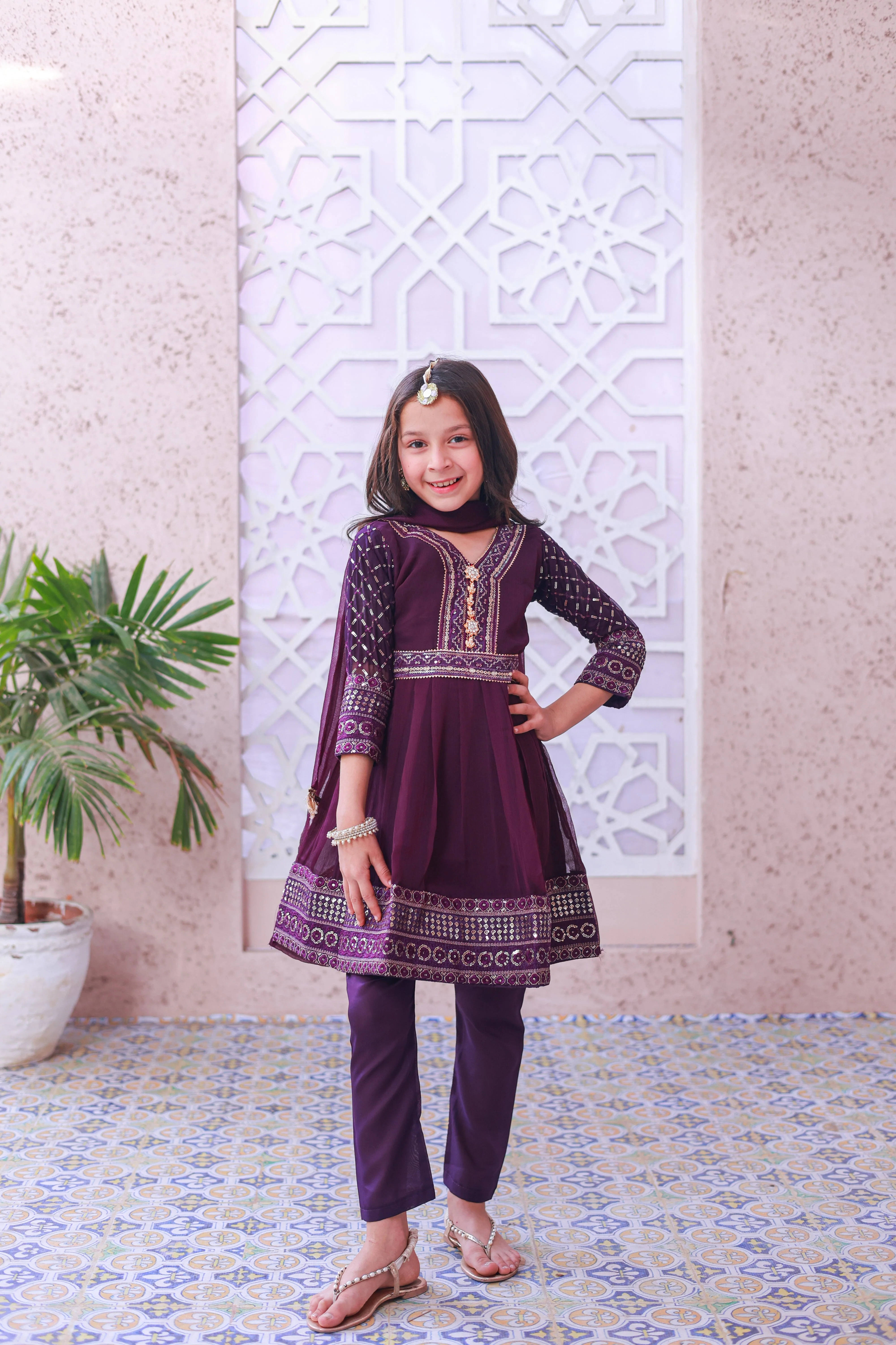 Khanak Stitched Kids-Bringle Purple Short Frok-KST 036 - Image 8