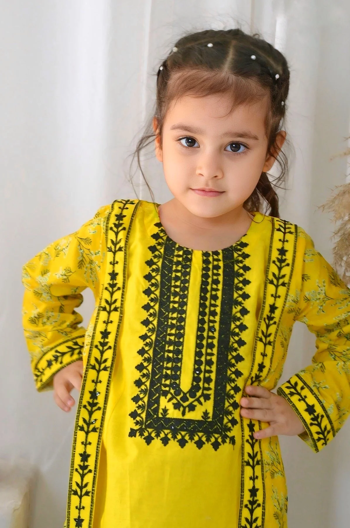 Khanak Stitched Kids-Classic Yellow Coat Style 2pcs Embroidered Suit-KST 061 - Image 2