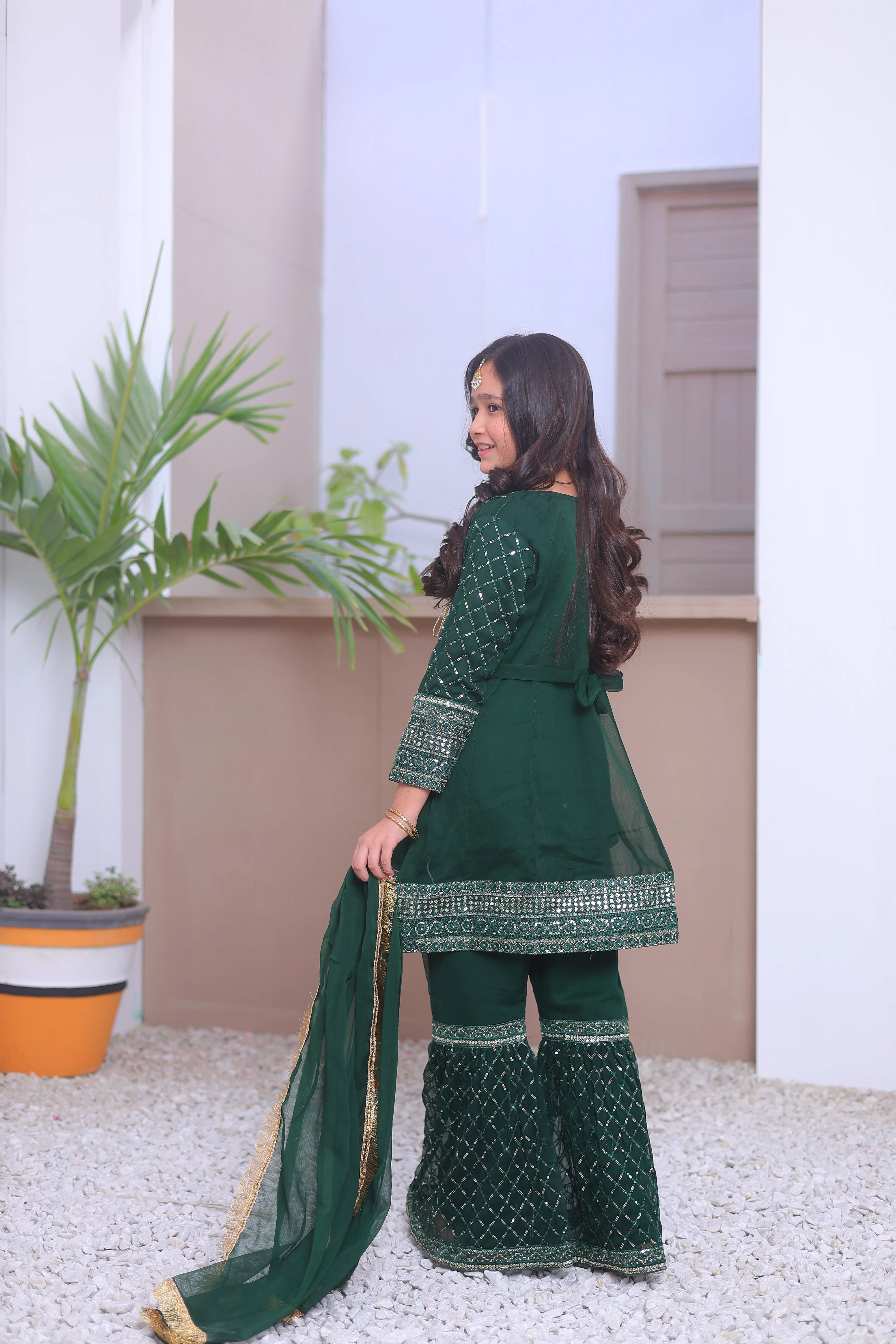 Khanak Stitched Kids-Emerald Green Angrakha Gharara-KG 006 - Image 4