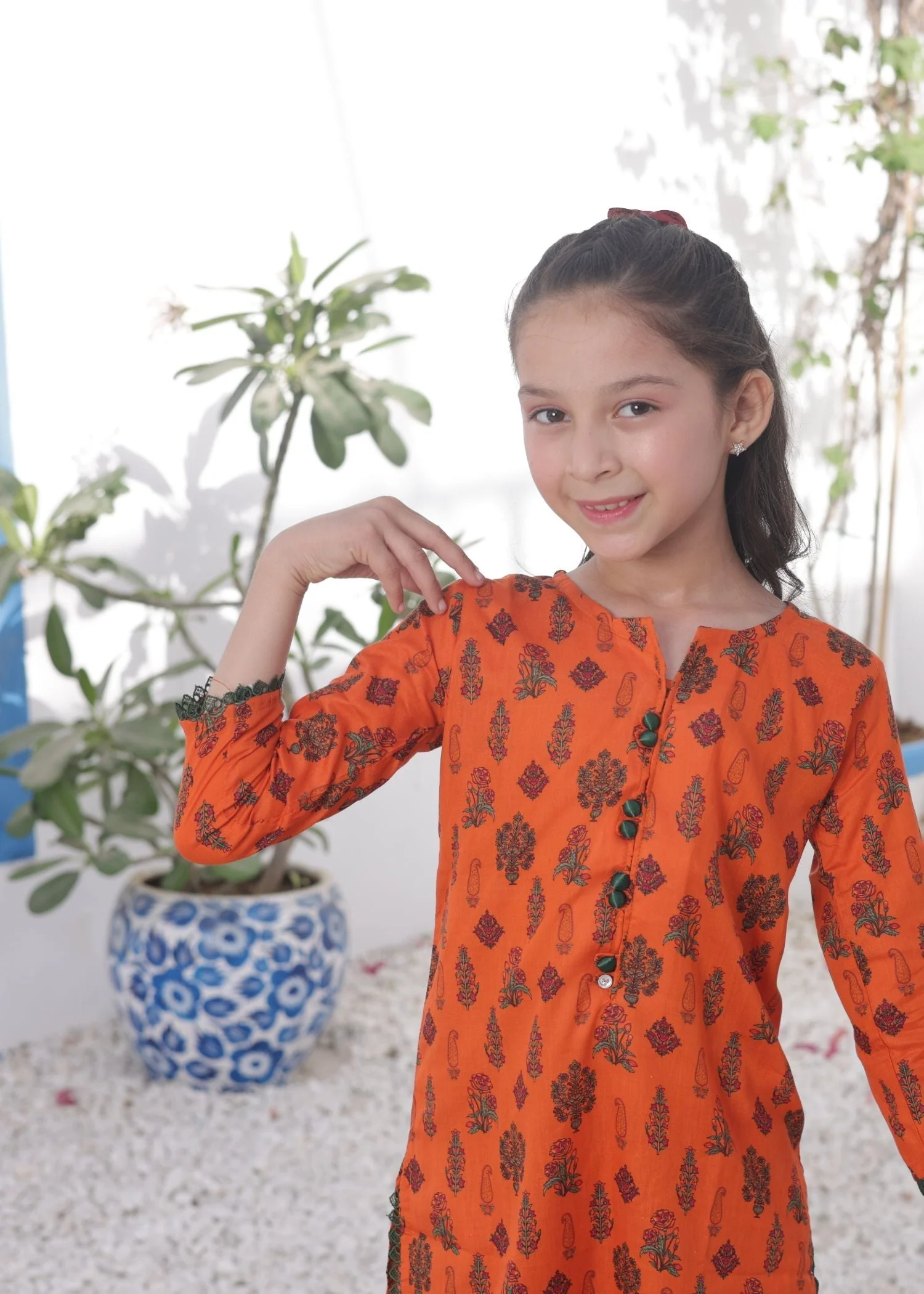Khanak Stitched Kids-Flame Orange 2pcs Printed Style Suit-KST 049 - Image 3