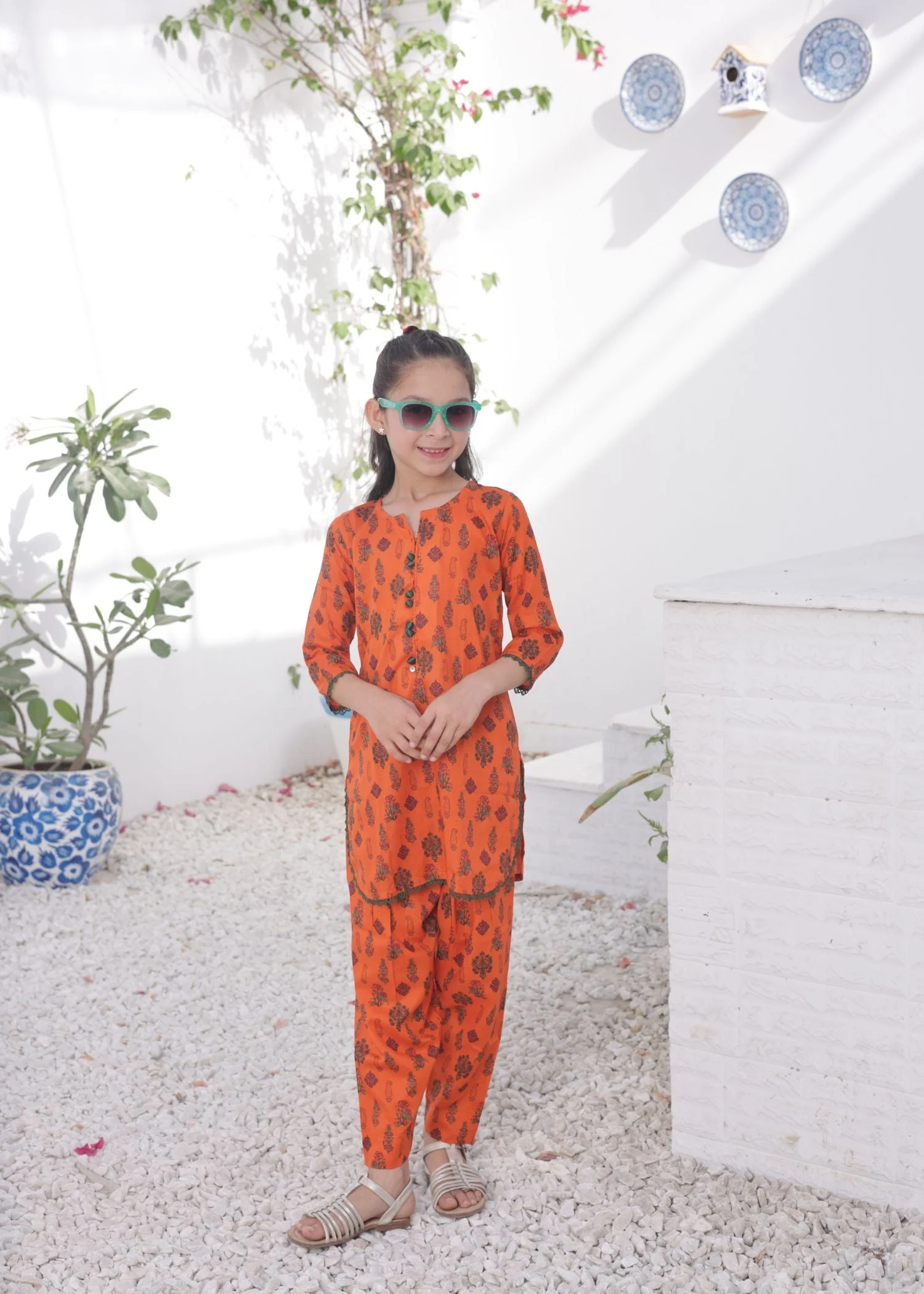 Khanak Stitched Kids-Flame Orange 2pcs Printed Style Suit-KST 049 - Image 4