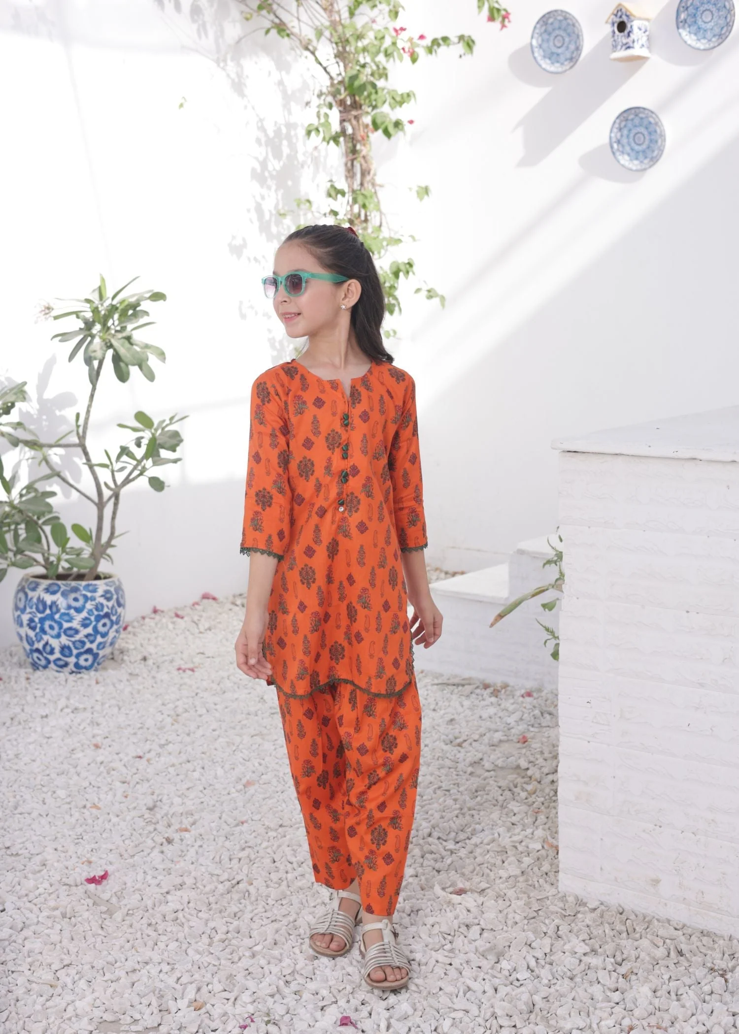 Khanak Stitched Kids-Flame Orange 2pcs Printed Style Suit-KST 049 - Image 5