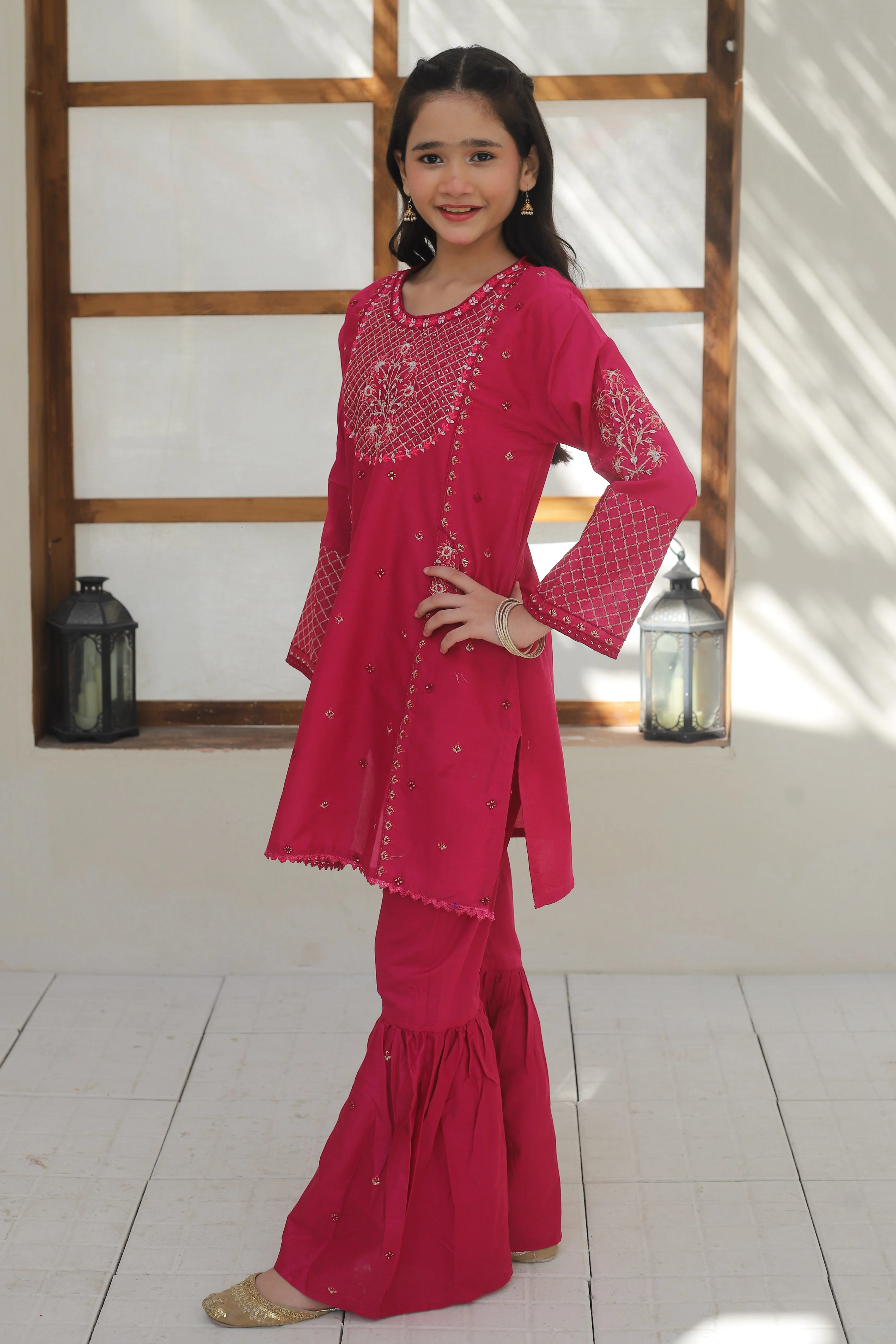 Khanak Stitched Kids-Hot Pink Gharara Suit KST 140 - Image 3