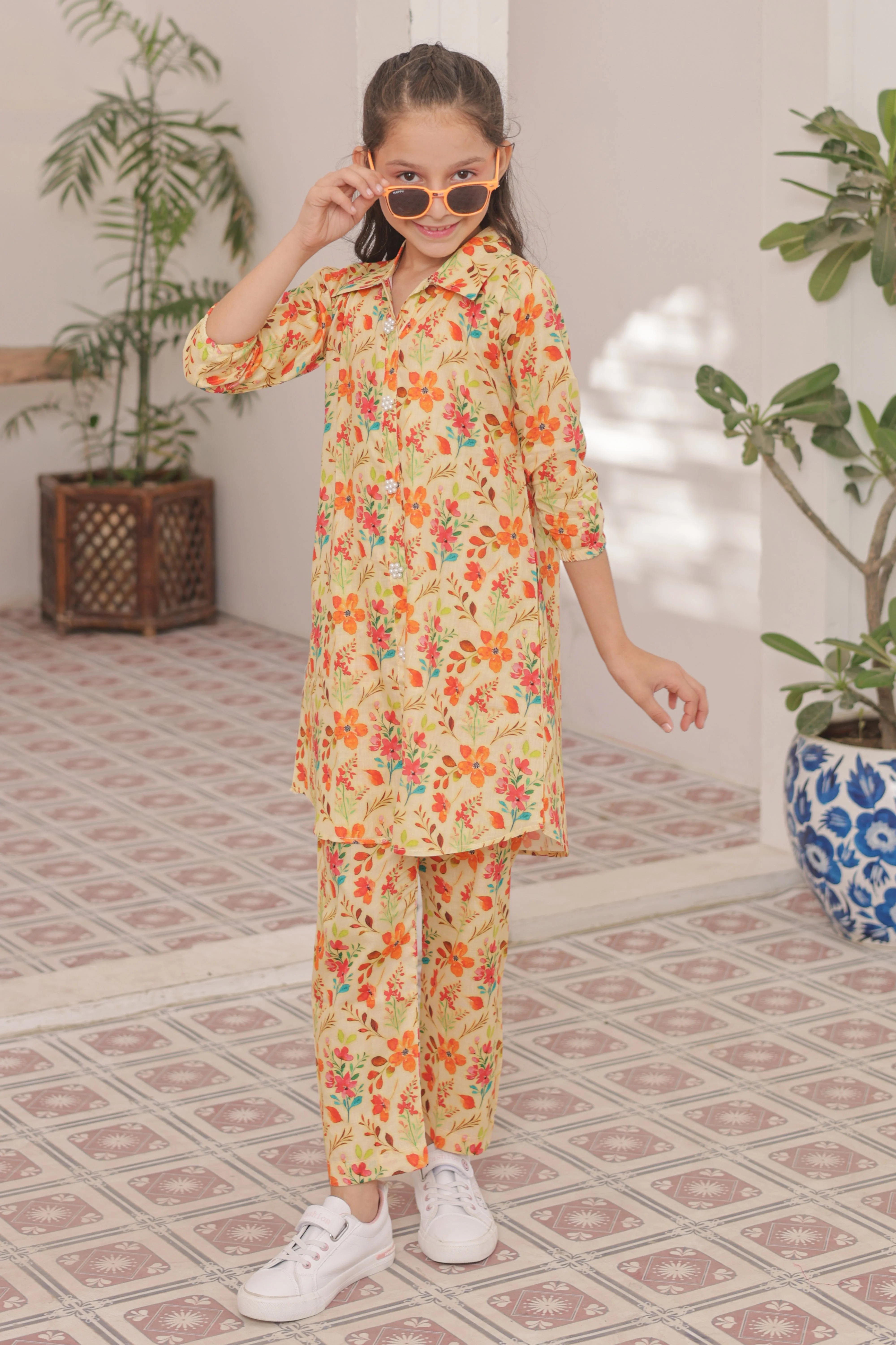Khanak Stitched Kids-Pastel Cream 2pcs Printed Style Suit-KST 047