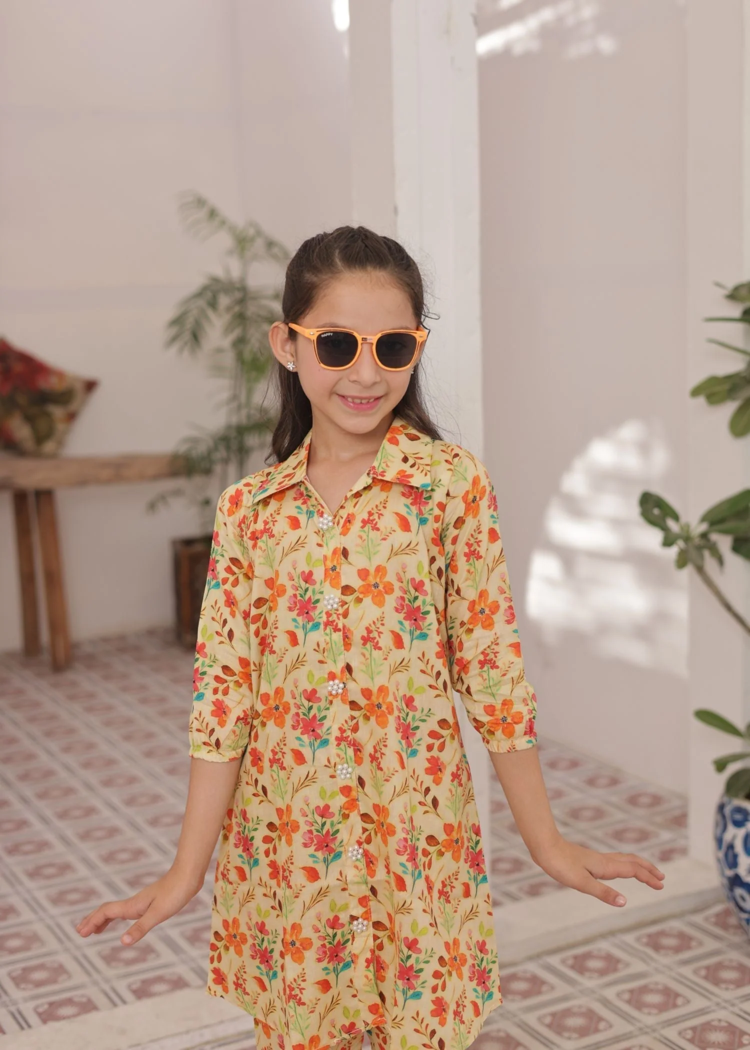 Khanak Stitched Kids-Pastel Cream 2pcs Printed Style Suit-KST 047 - Image 2