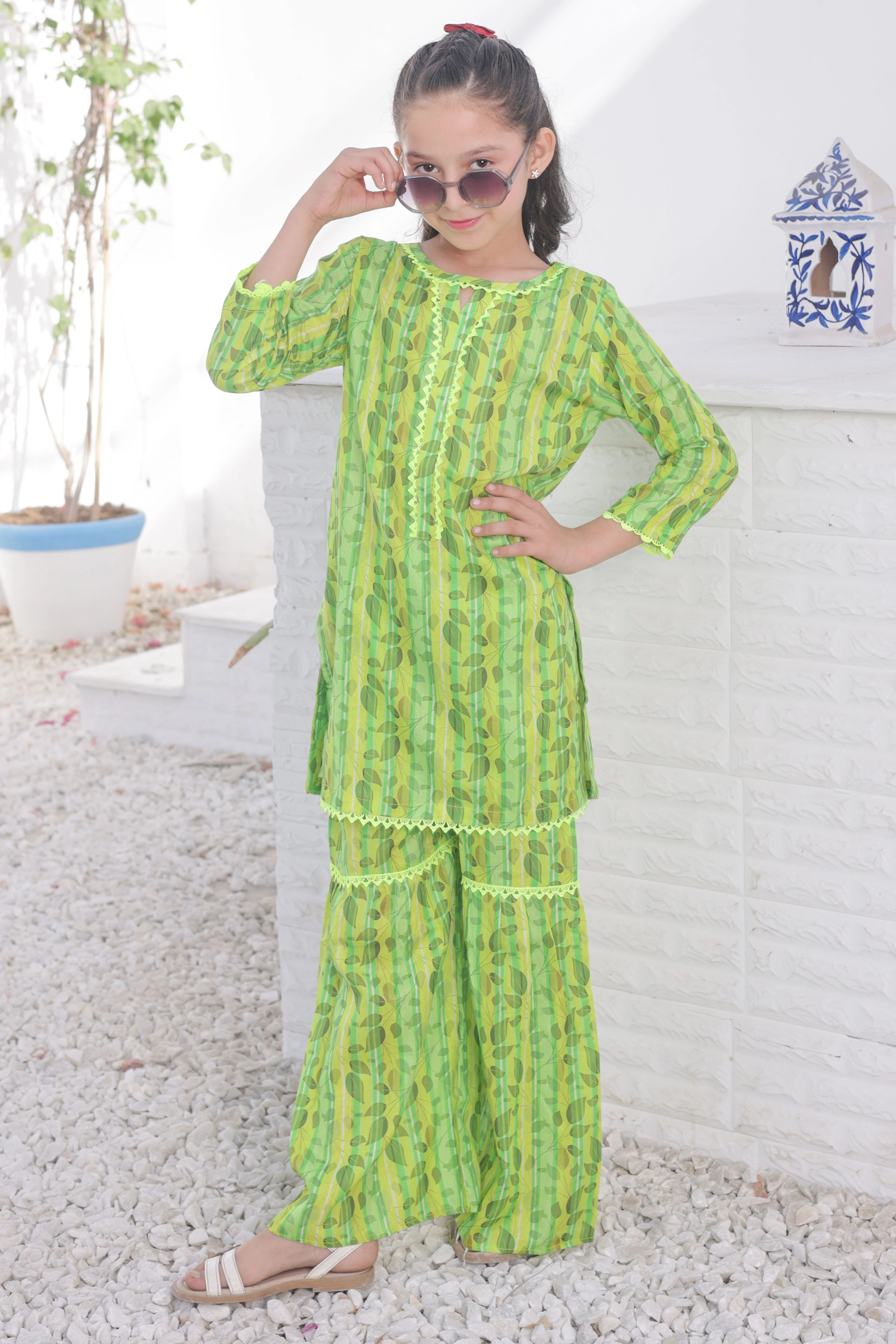 Khanak Stitched Kids-Pear Green 2pcs Printed Gharara Suit-KST 051 - Image 7