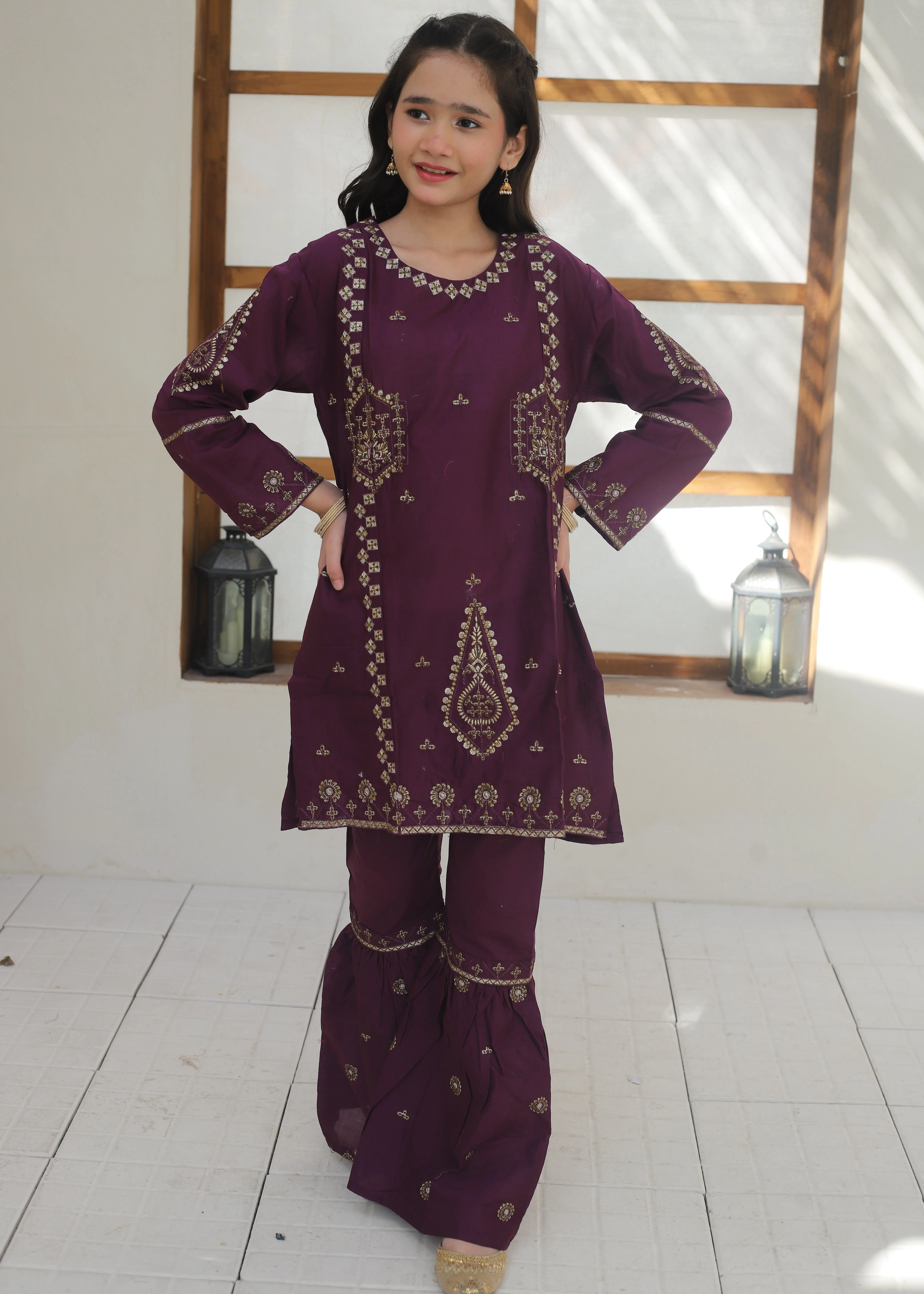 Khanak Stitched Kids-Plum Purple Gharara Suit KST 142 - Image 4