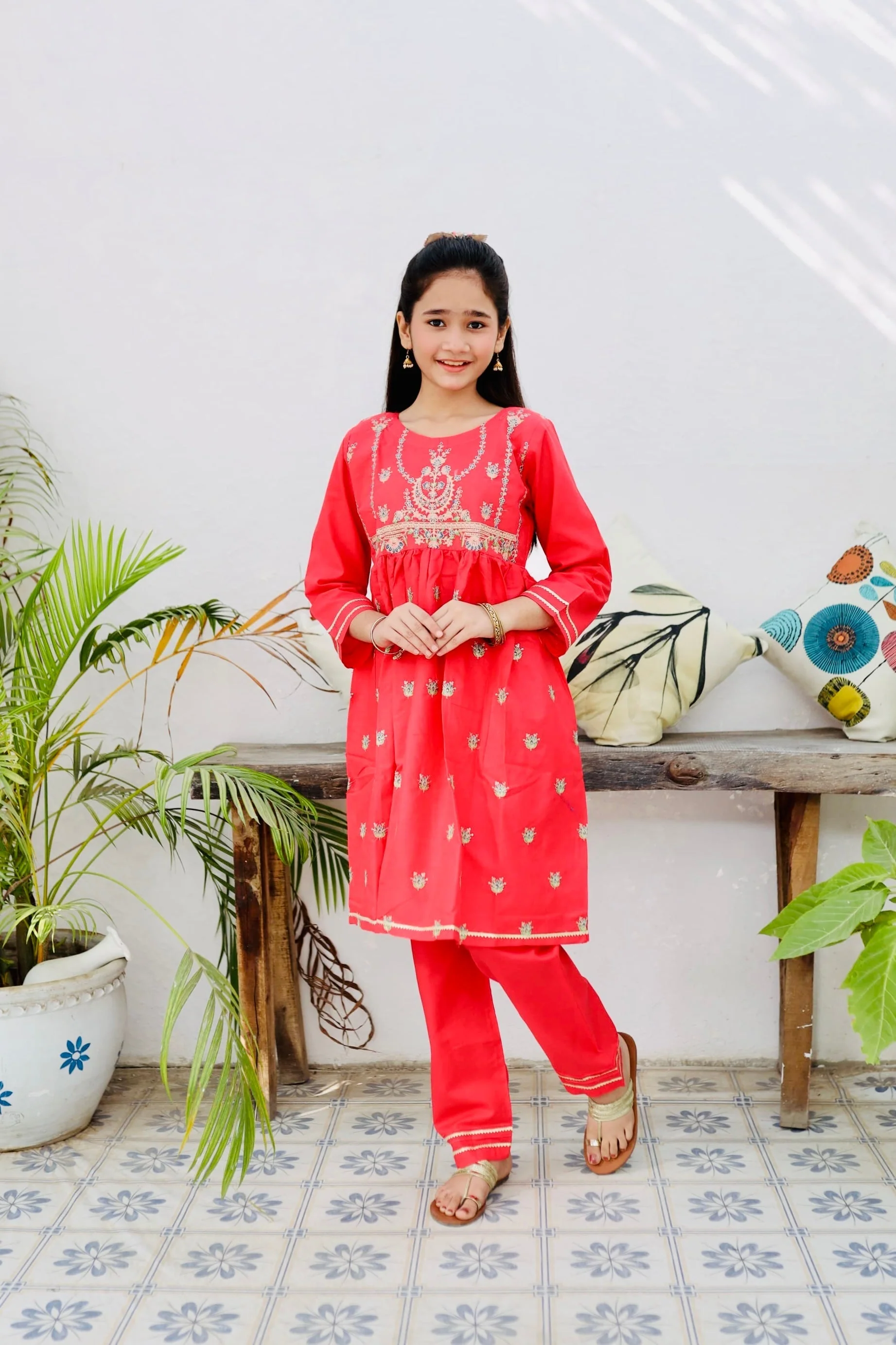 Khanak Stitched Kids-Poppy Red Embroidered 2Pcs Suit KST 110 - Image 2