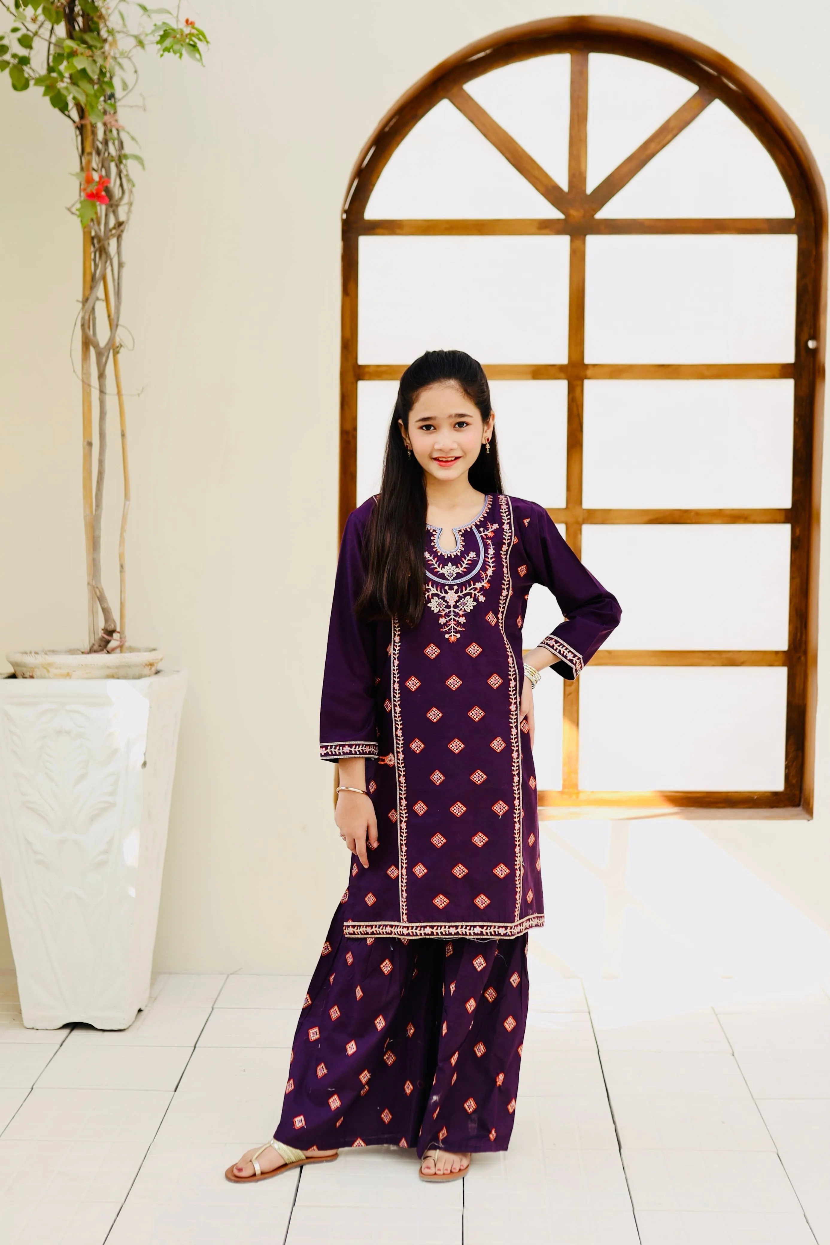 Khanak Stitched Kids-Purple Embroidered Gharara KST 115 - Image 2