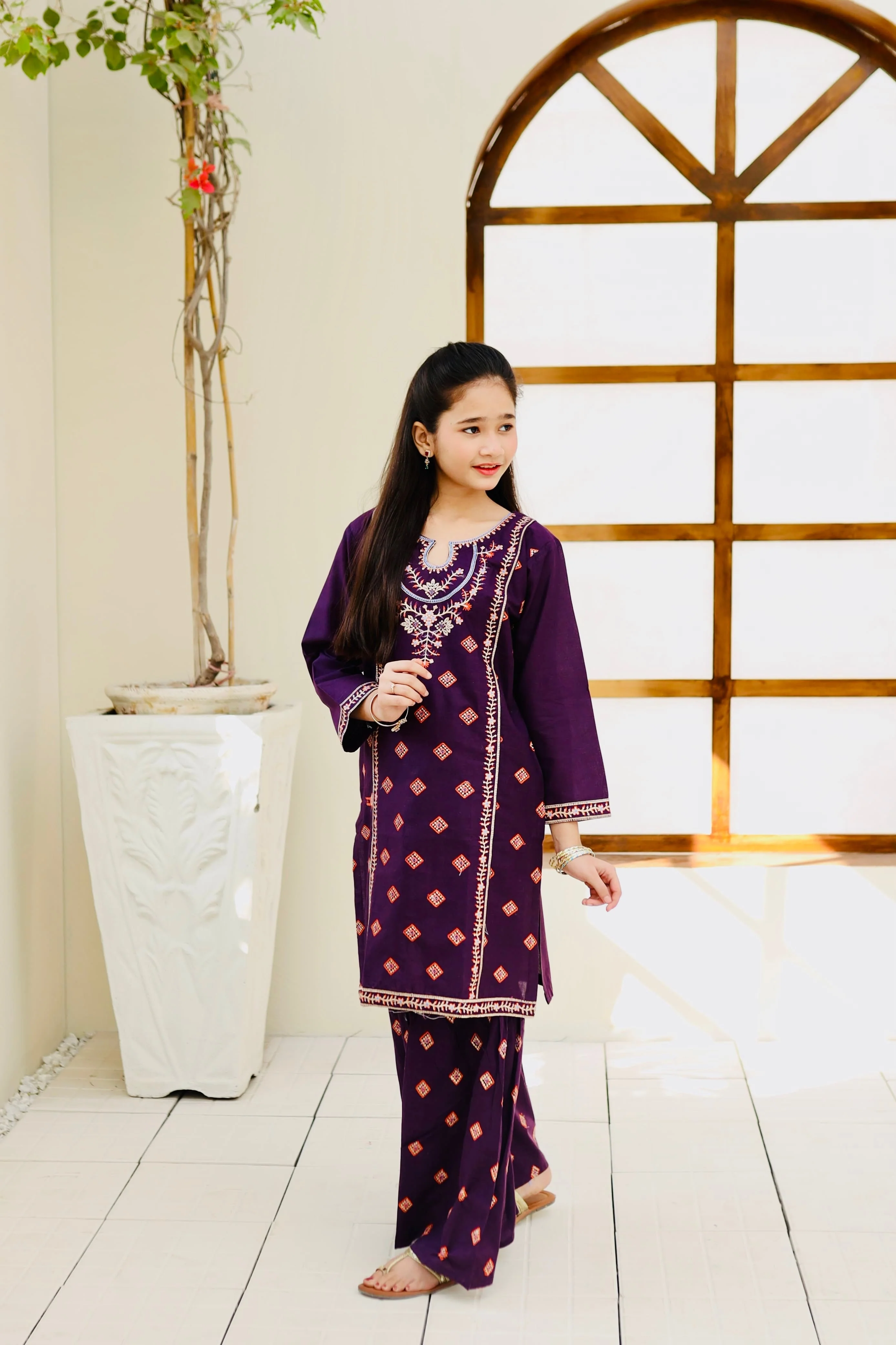 Khanak Stitched Kids-Purple Embroidered Gharara KST 115 - Image 5