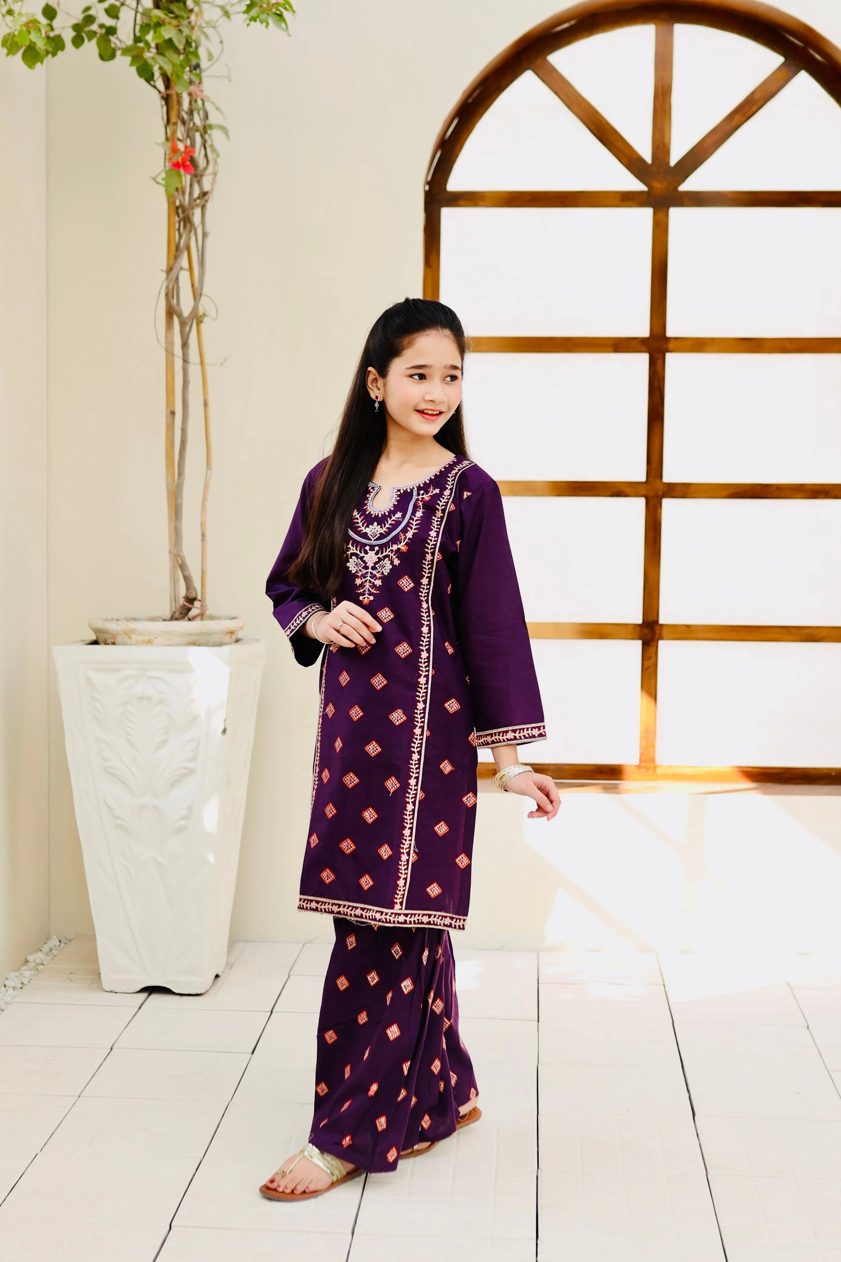 Khanak Stitched Kids-Purple Embroidered Gharara KST 115 - Image 6