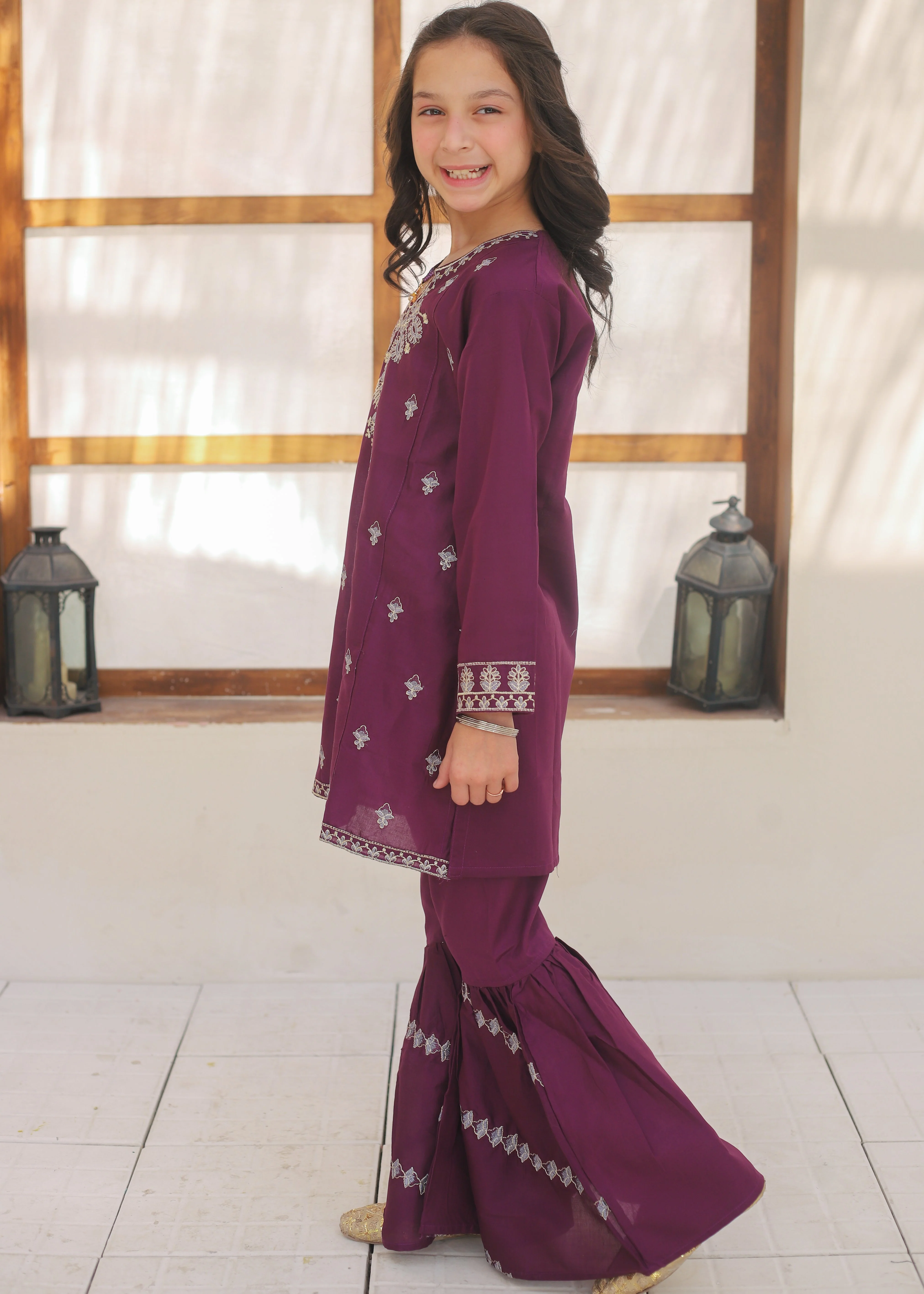 Khanak Stitched Kids-Purple Embroidered Gharara KST 147 - Image 4
