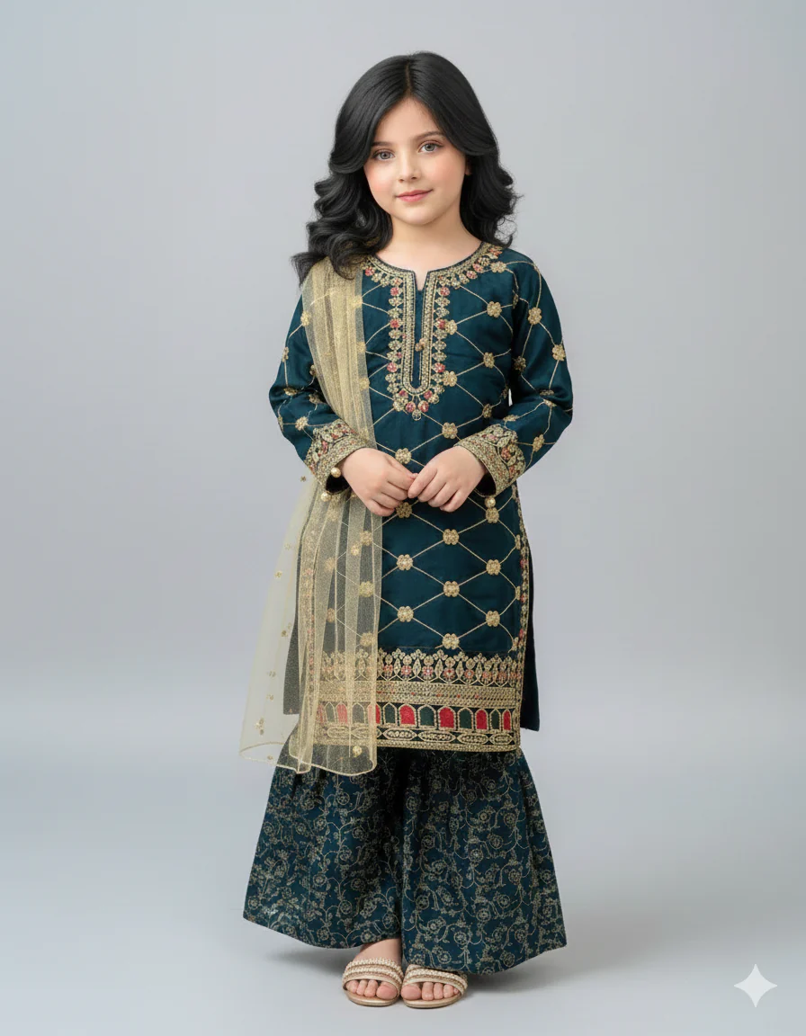 Khanak Stitched Kids-Teal Gharara-KG 018 - Image 2