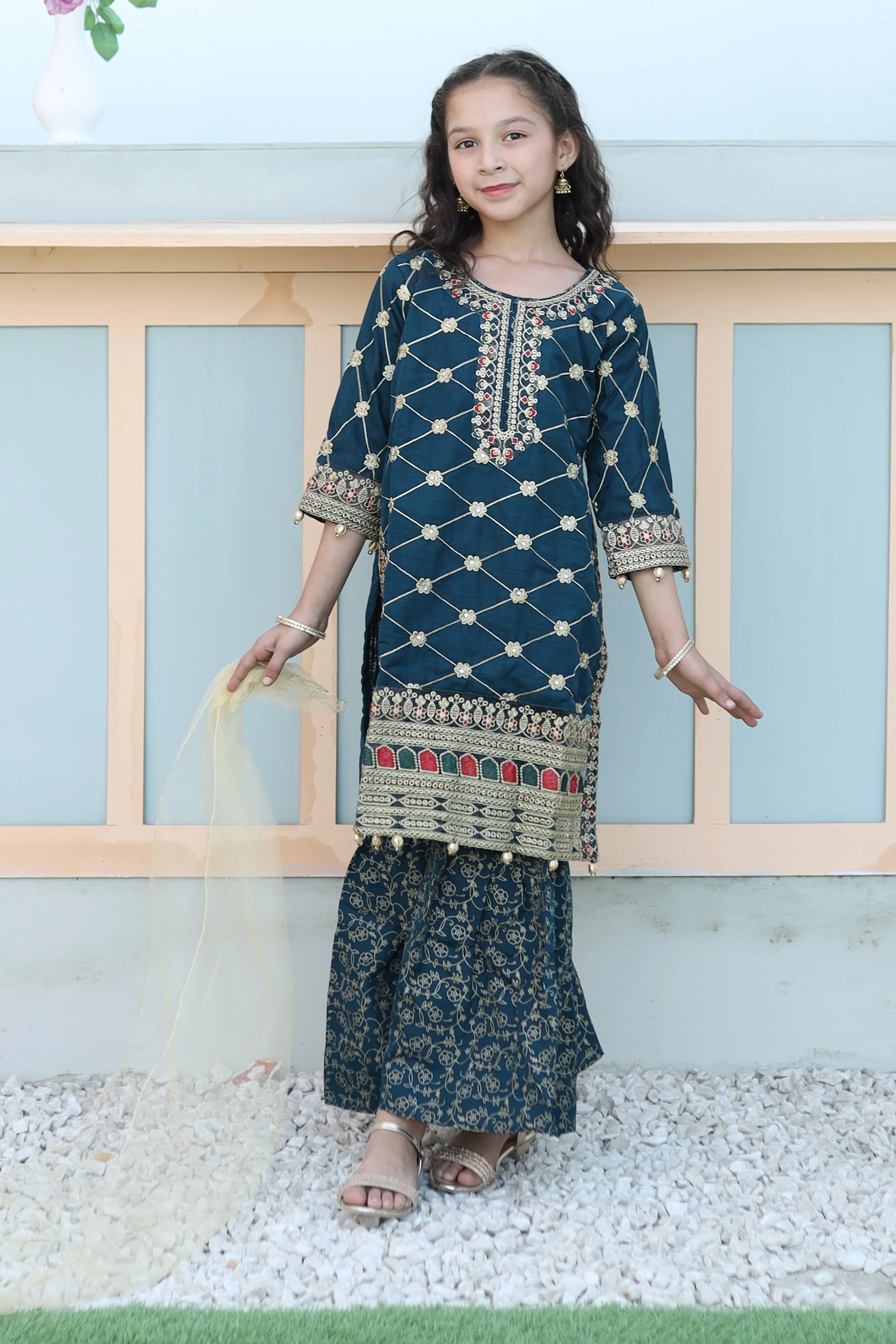 Khanak Stitched Kids-Teal Gharara-KG 018 - Image 5