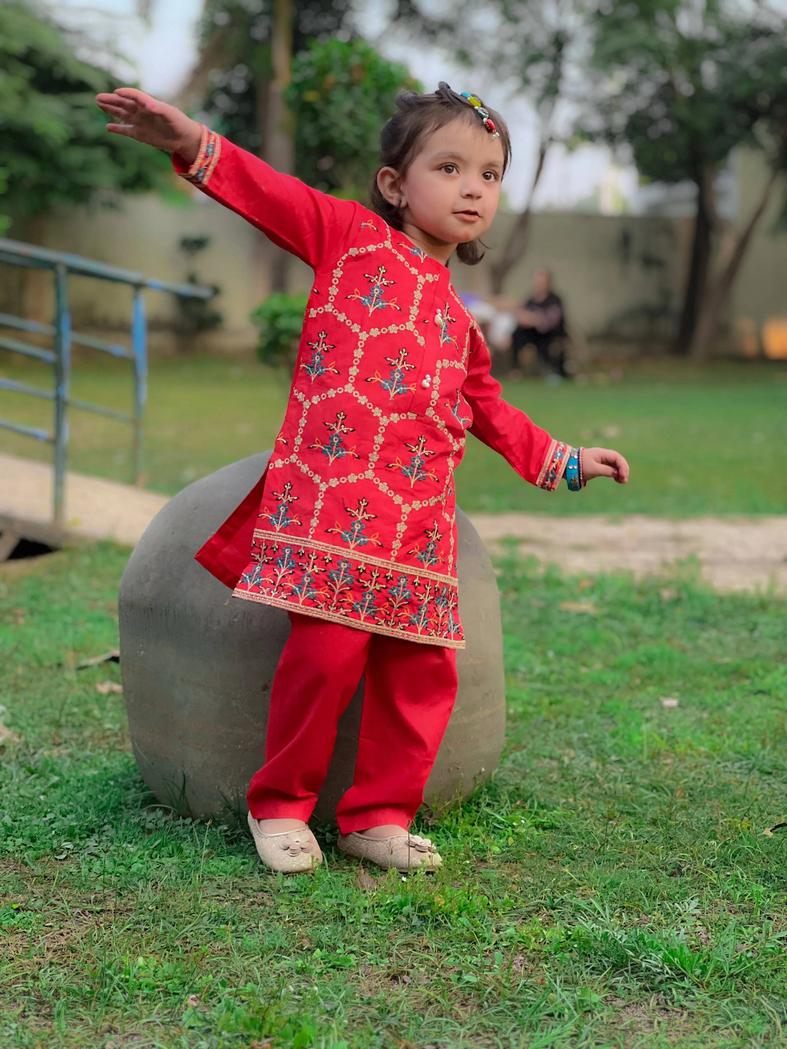 Khanak Stitched Kids-Tomato Red Embroidered 2Pcs Suit KST 083 - Image 3