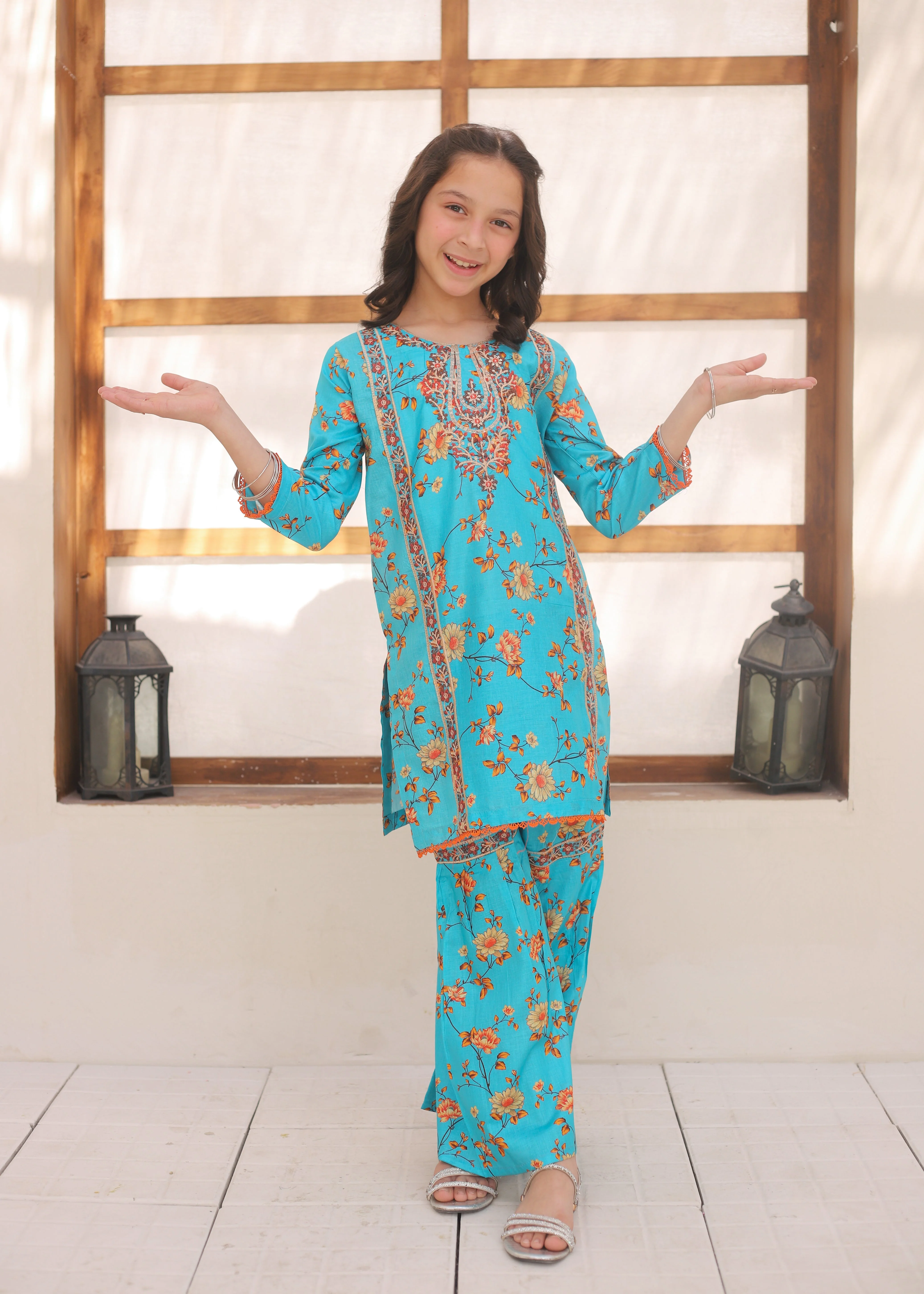 Khanak Stitched Kids-Turquoise Blue Embroidered Gharara KST 149 - Image 3