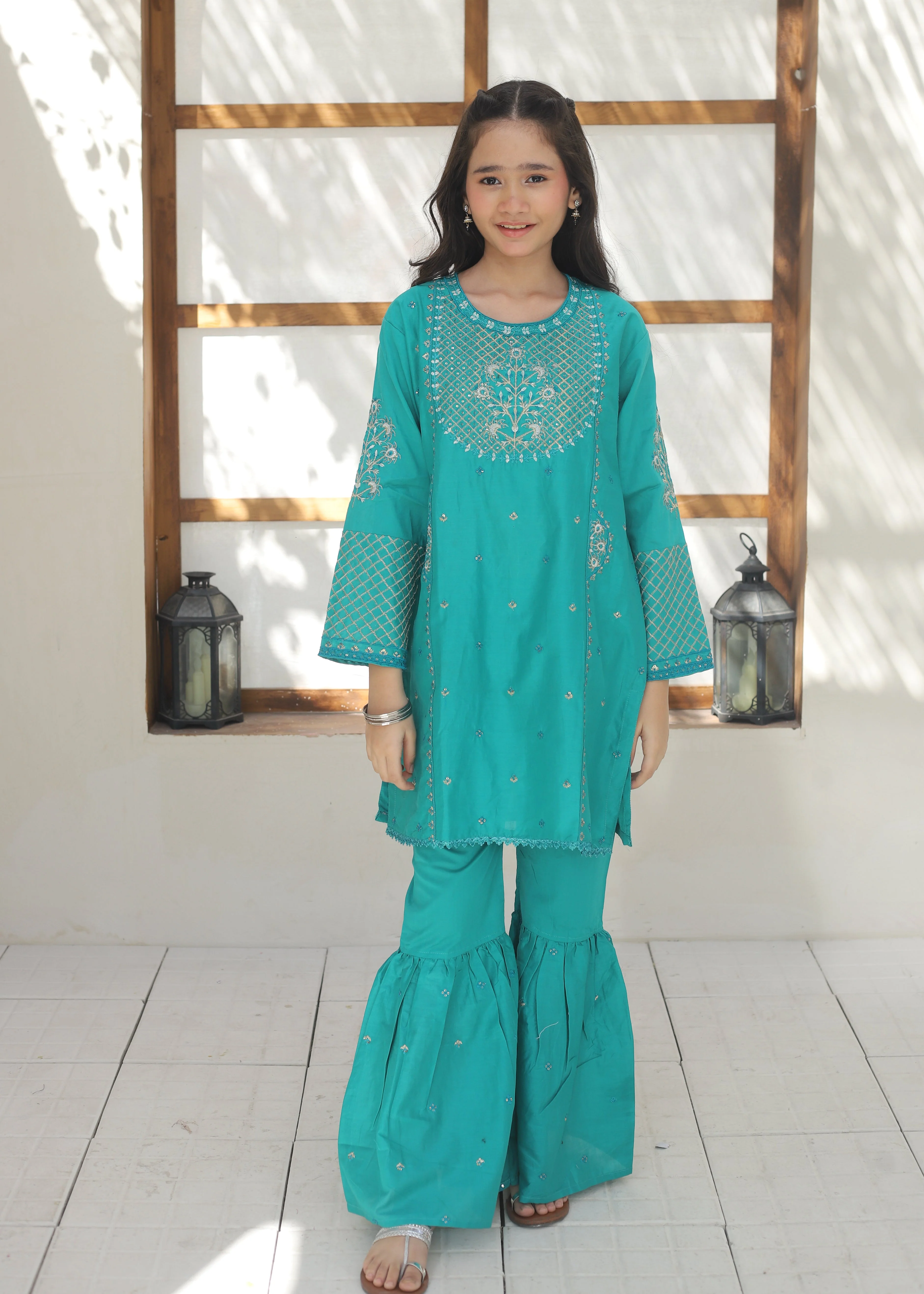 Khanak Stitched Kids-Turquoise Gharara Suit KST 139 - Image 9