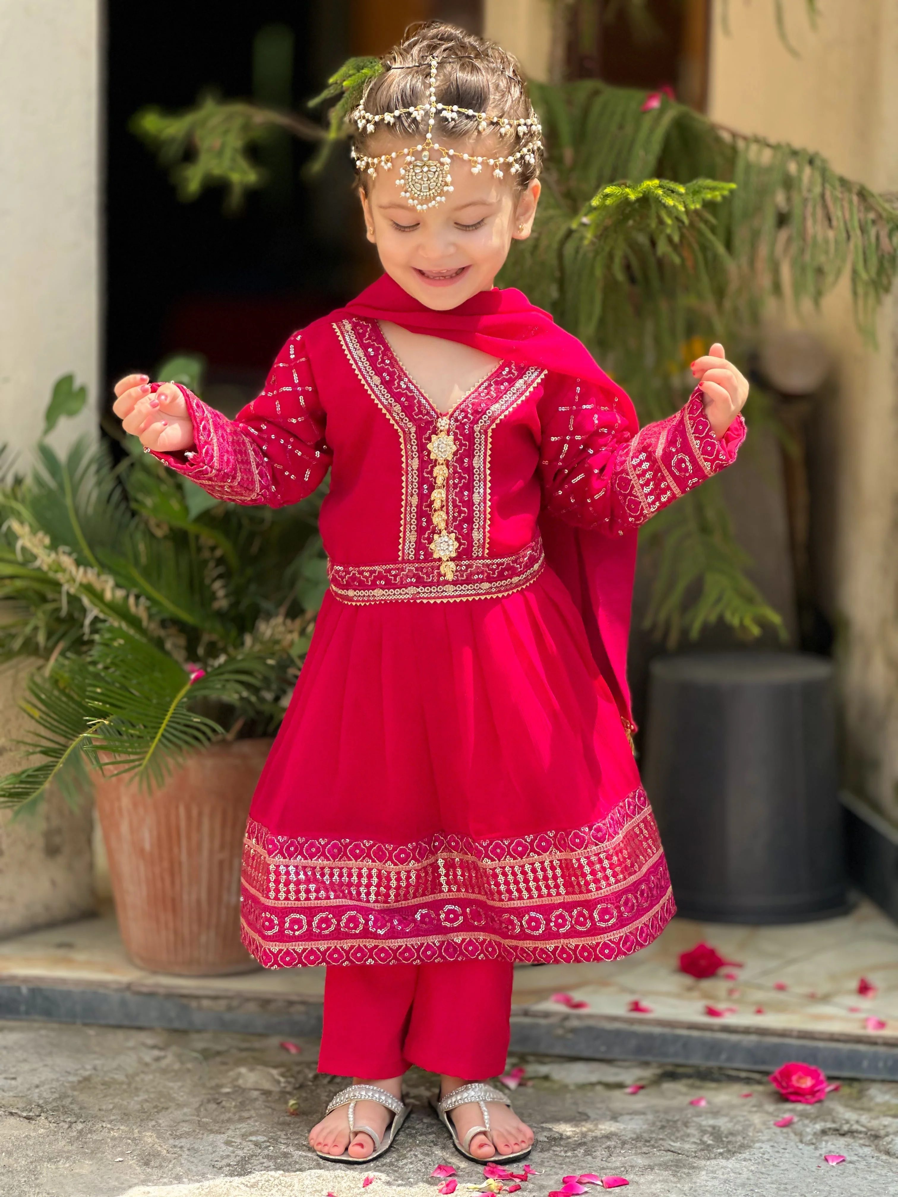 Khanak Stitched Kids-Vivid Pink Short Frok-KST 038 - Image 5