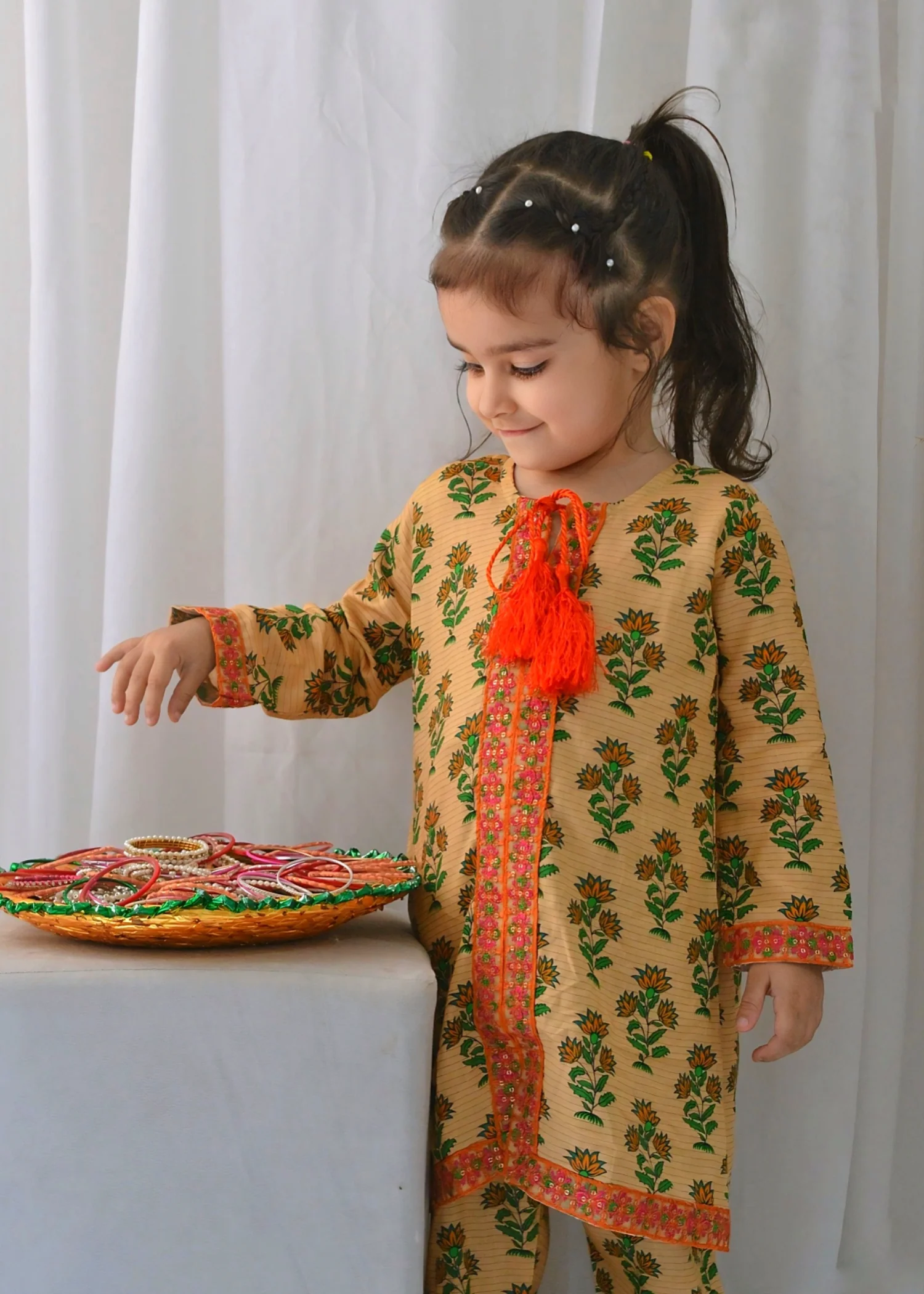 Khanak Stitched Kids-Yellow Cream Front Open Embroidered 2pcs-KST 065 - Image 2