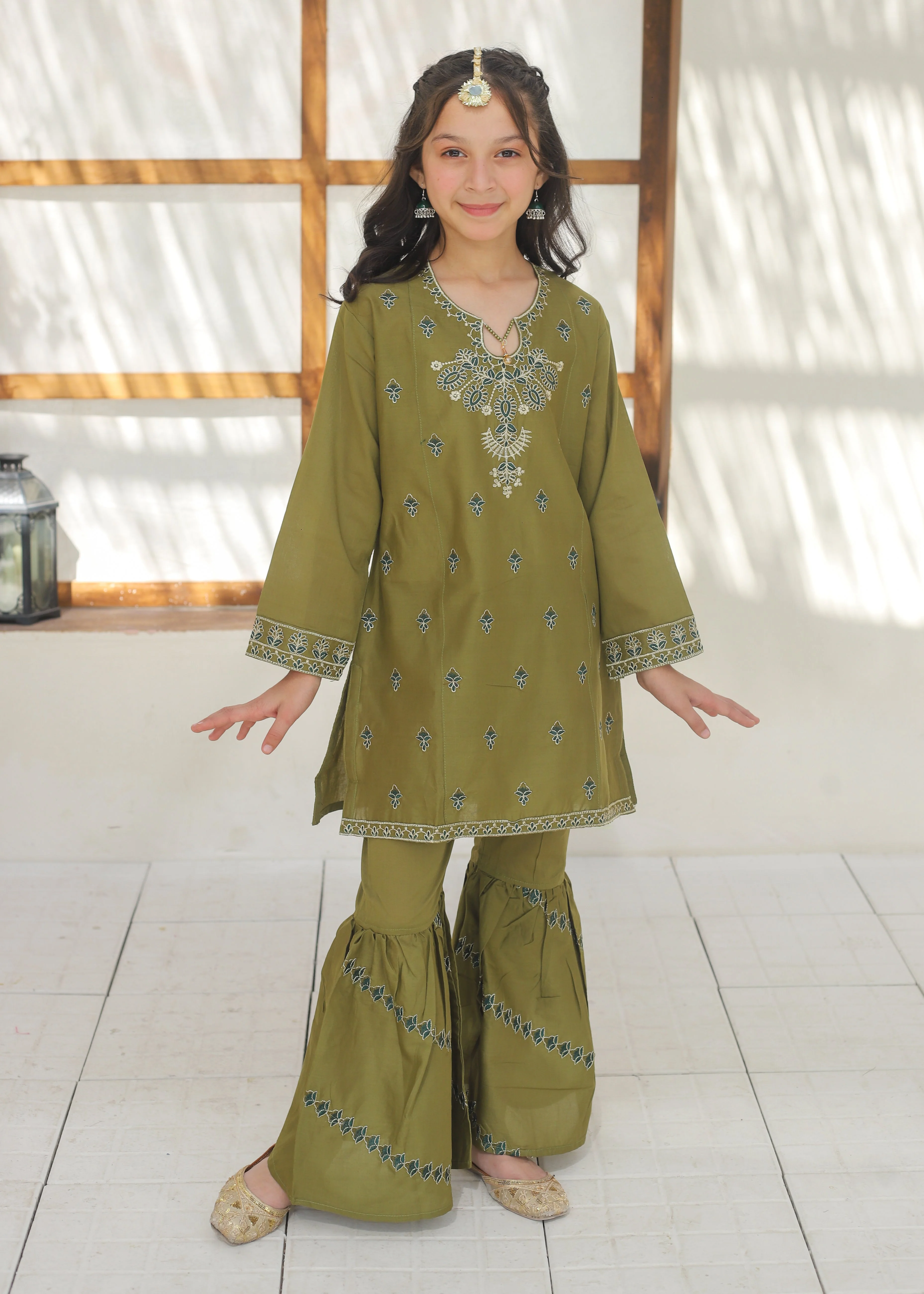 Khanak Stitched Kids-Yellow Green Gharara Suit KST 146 - Image 3