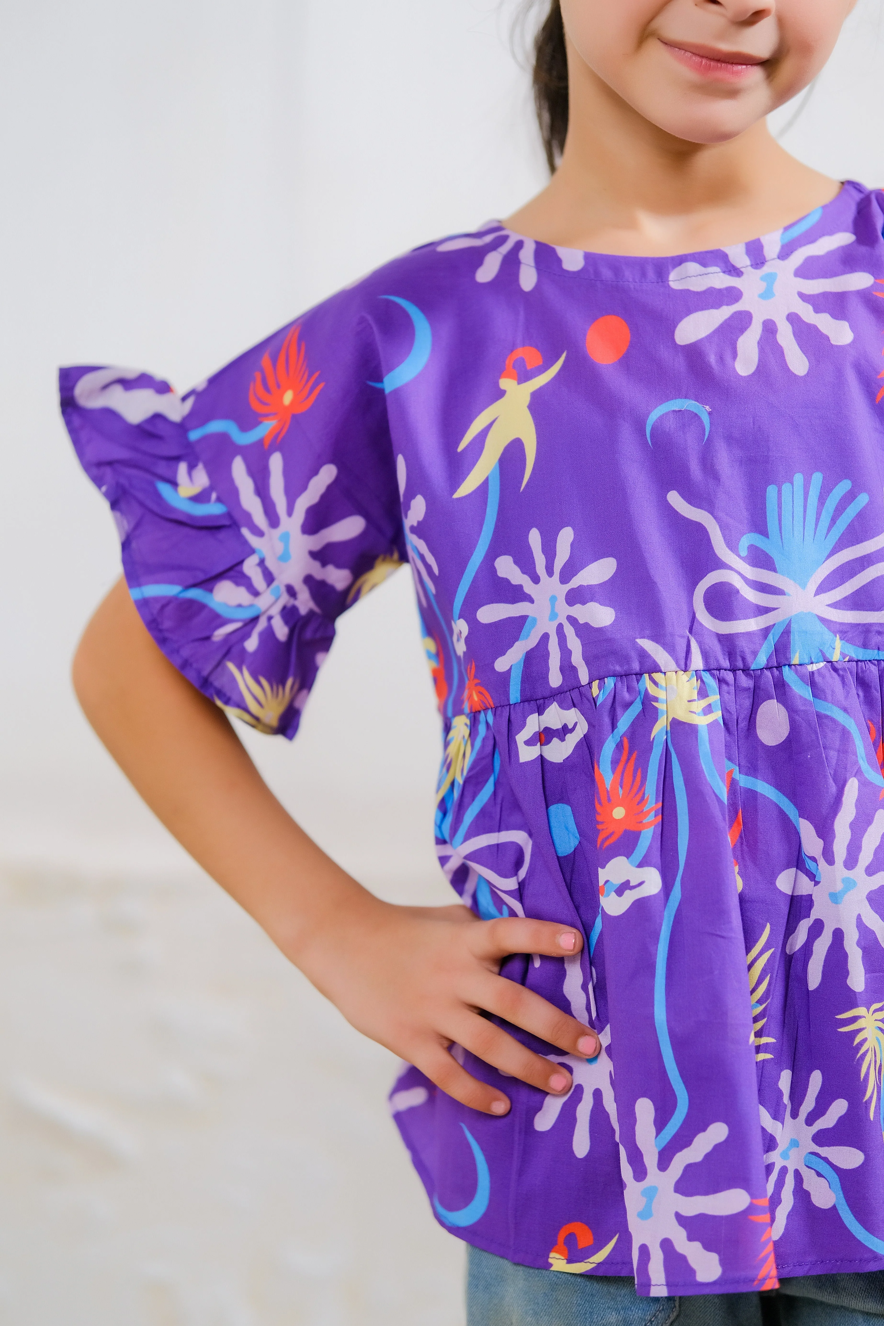 Sprinkles Stitched 1 Piece Summer Shirts Kids Suit-Purple Paradise Peplum Top - Image 2