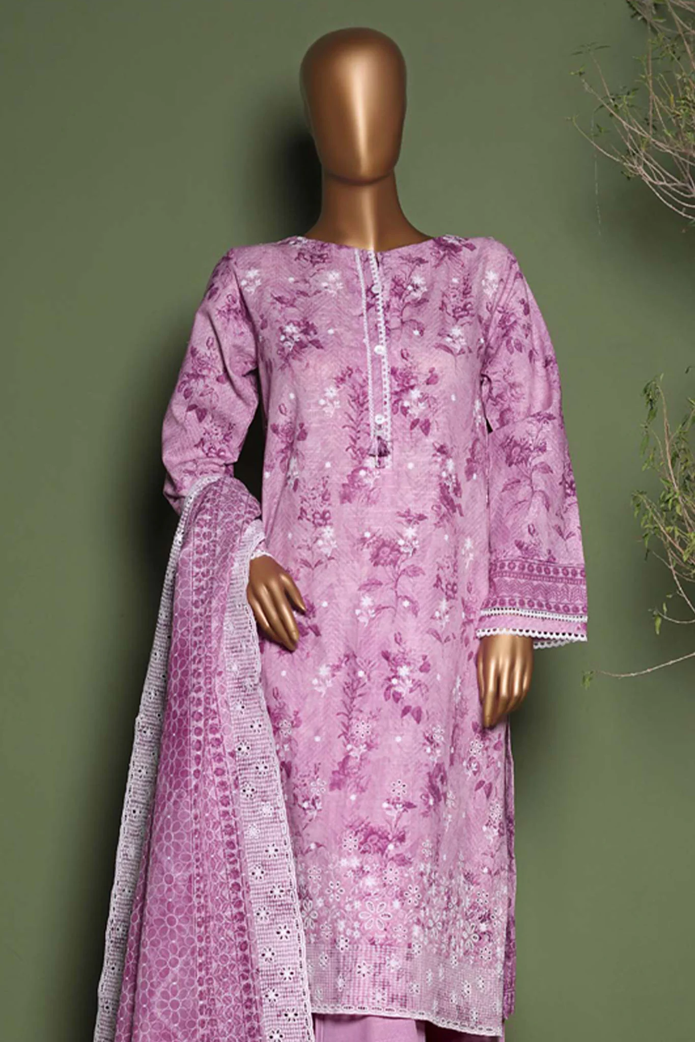 HZ Stitched 3 Piece Emb Printkari Khaddar Suit-KPS-2543-Lavender - Image 2