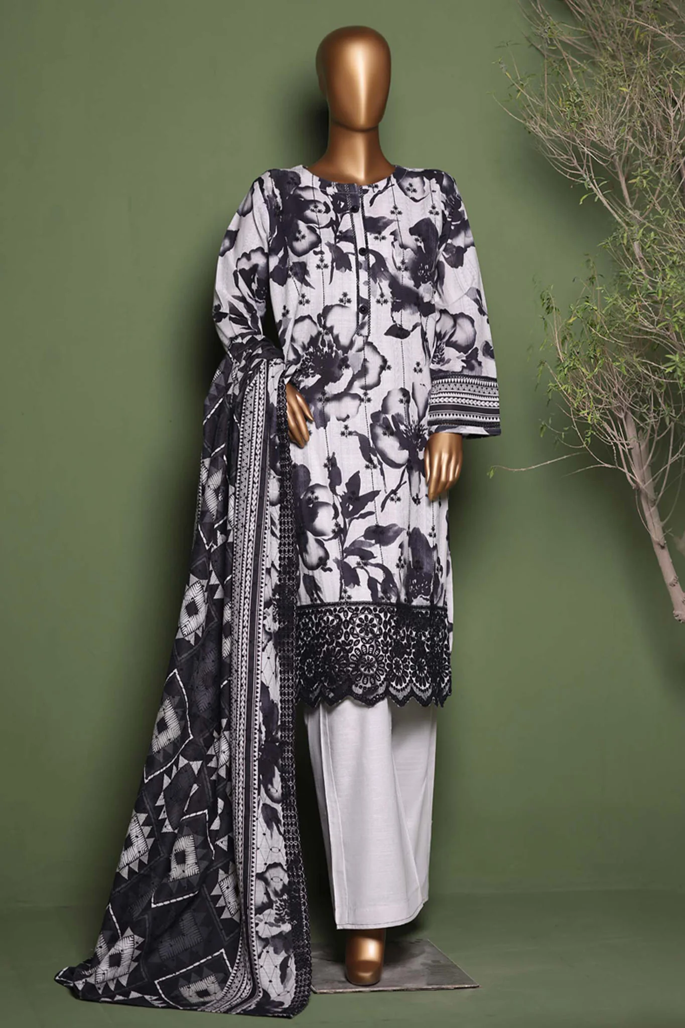 HZ Stitched 3 Piece Emb Printkari Khaddar Suit-KPS-2544-Grey