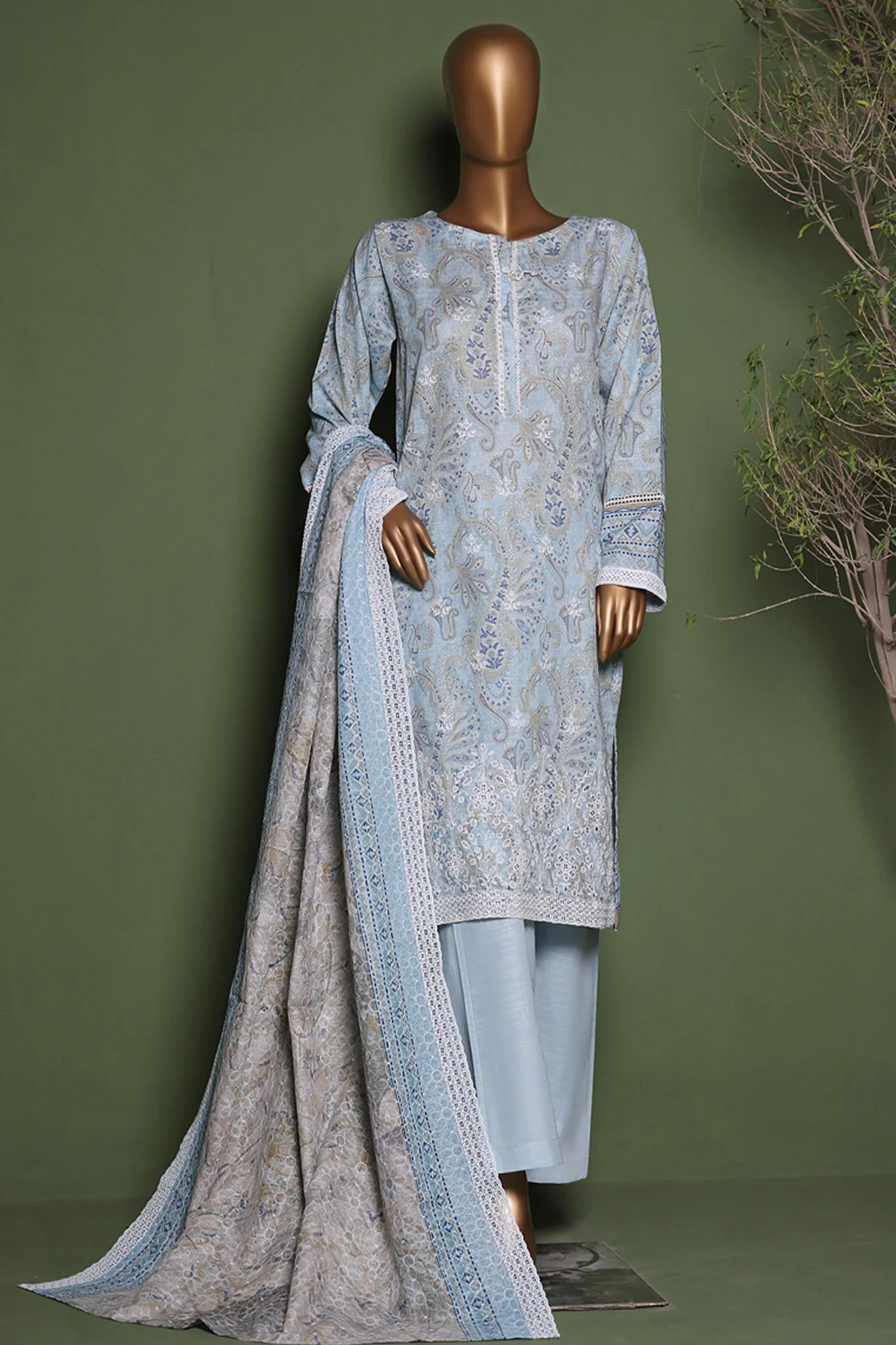 HZ Stitched 3 Piece Emb Printkari Khaddar Suit-KPS-2545-Blue