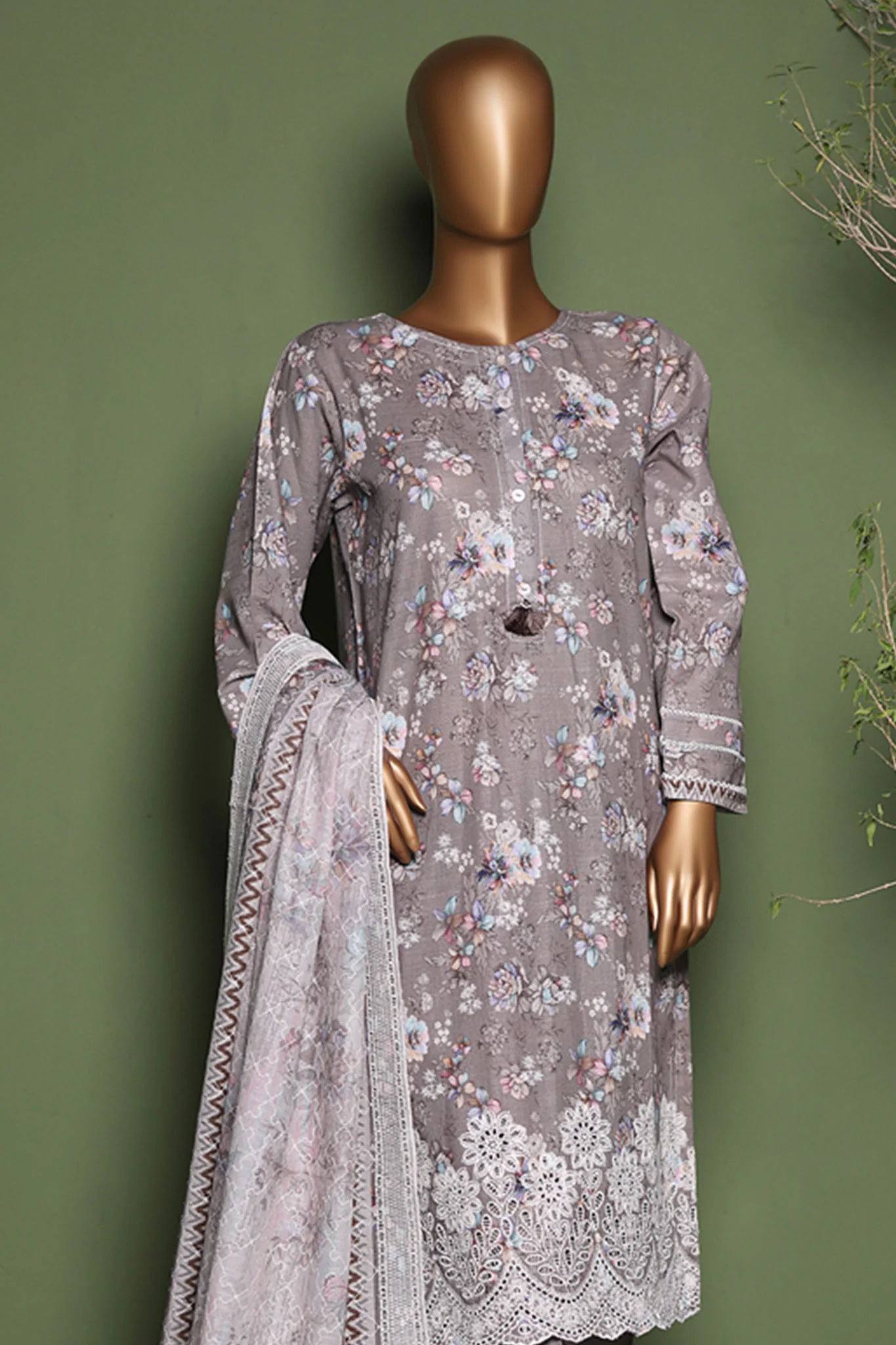 HZ Stitched 3 Piece Emb Printkari Khaddar Suit-KPS-2546-Grey - Image 2