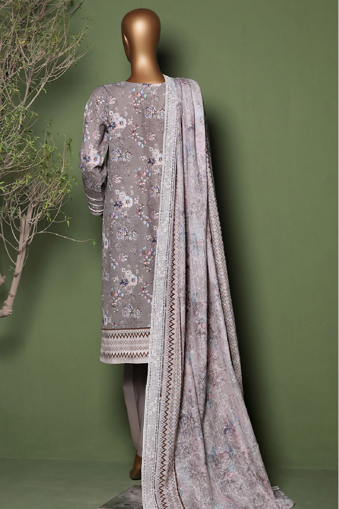 HZ Stitched 3 Piece Emb Printkari Khaddar Suit-KPS-2546-Grey - Image 3